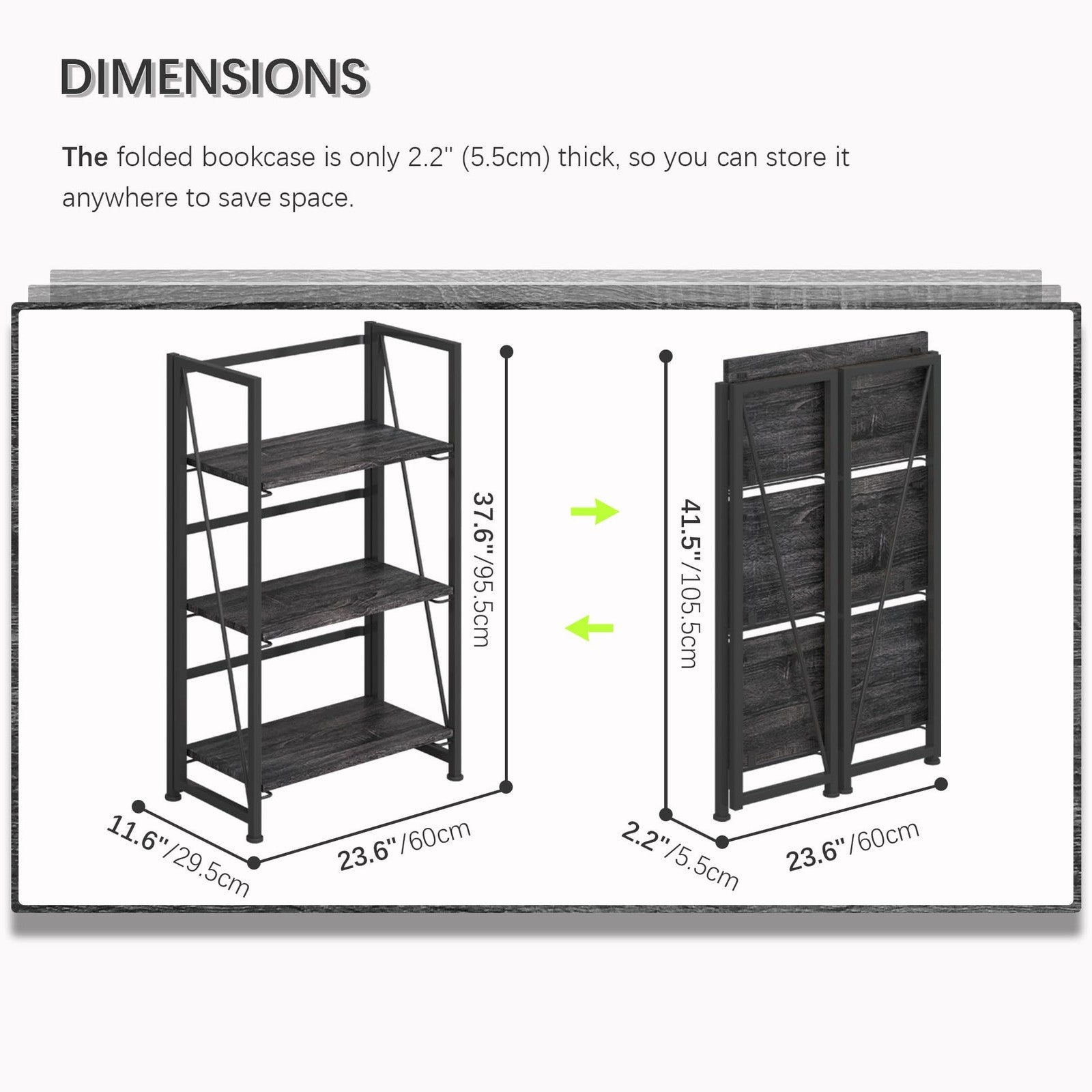 4NM vintage 3-tier folding bookshelf with 4Nm no-assembly storage shelves, showcasing its sturdy wooden design and compact size.
