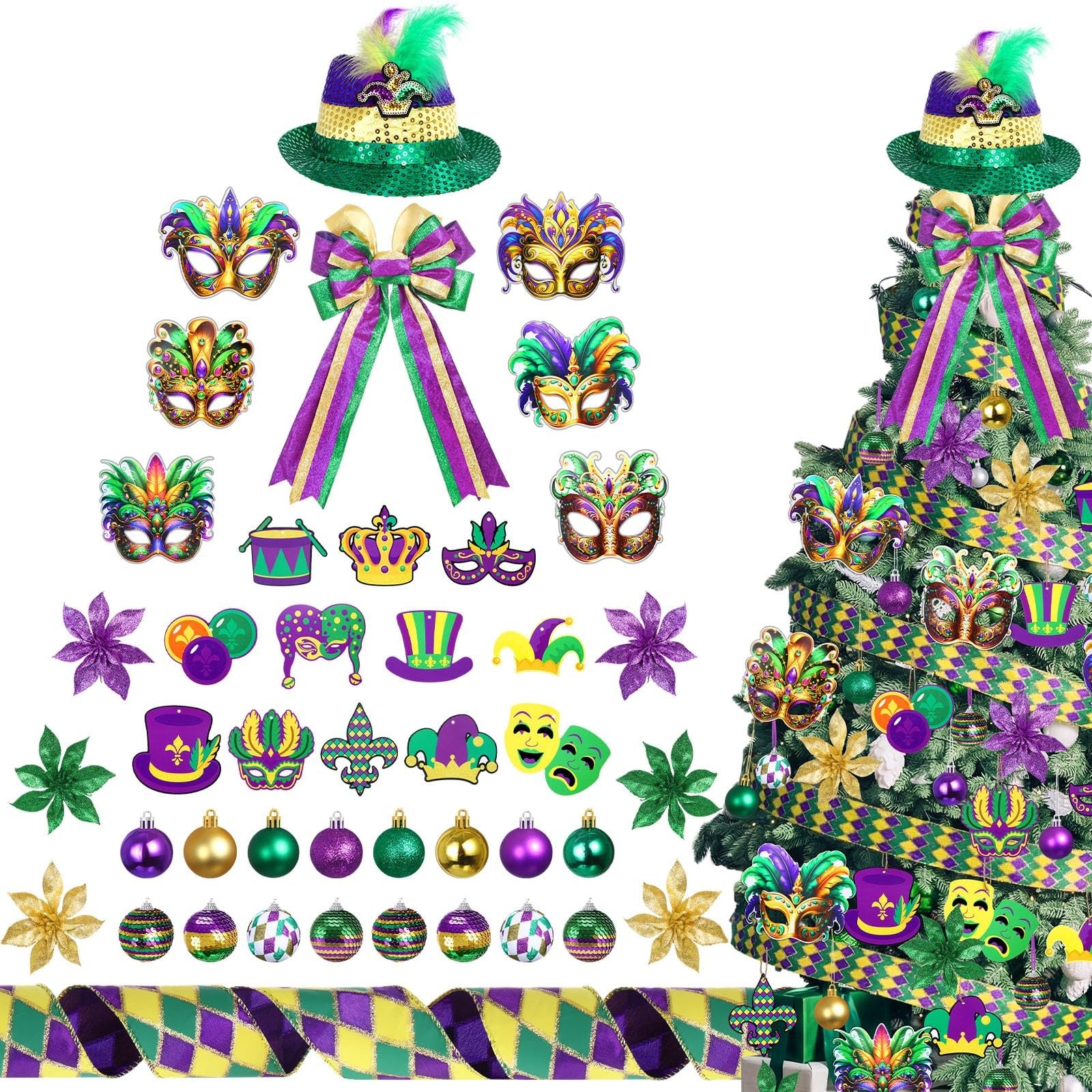 Halfchet 43-piece Mardi Gras themed tree decoration set with hanging ornaments for festive Mardi Gras celebrations.