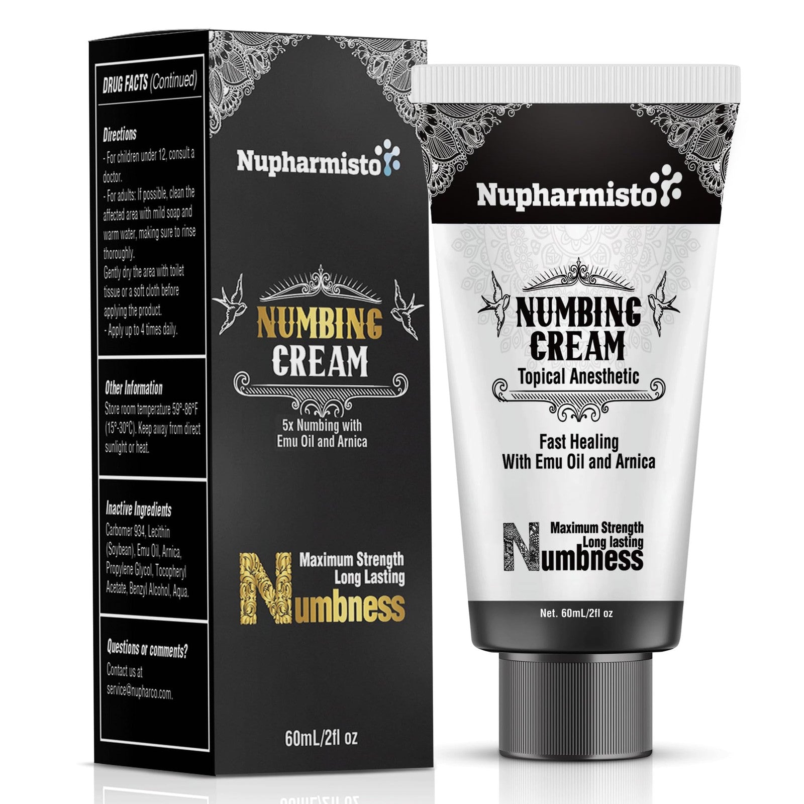 Nupharmco Numbing Cream with menthol, arnica, and emu oil for maximum strength, long-lasting pain relief, shown in a tube.