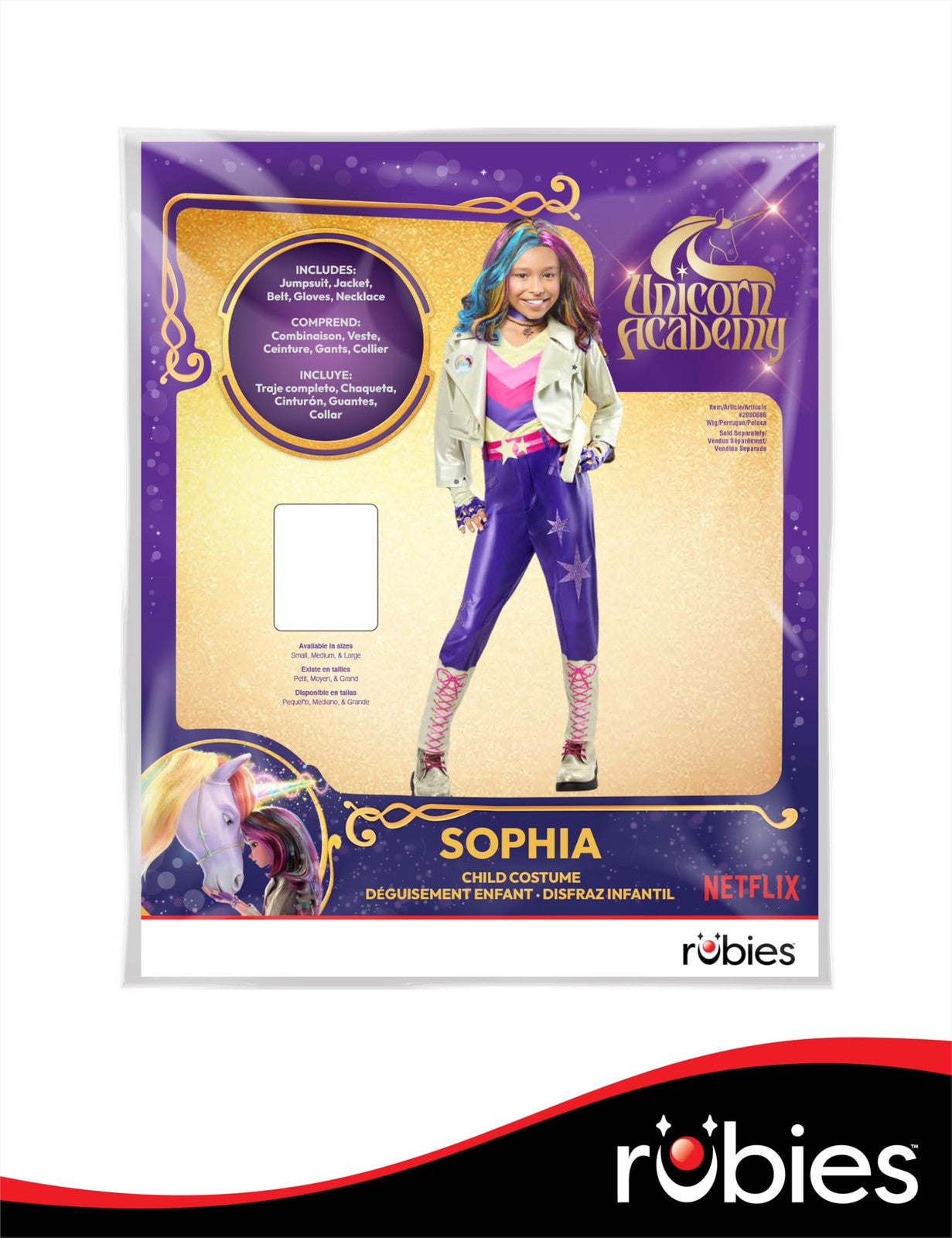 Rubies Unicorn Academy Sophia Mendoza kids girl costume in large size, featuring colorful unicorn-themed dress and accessories.