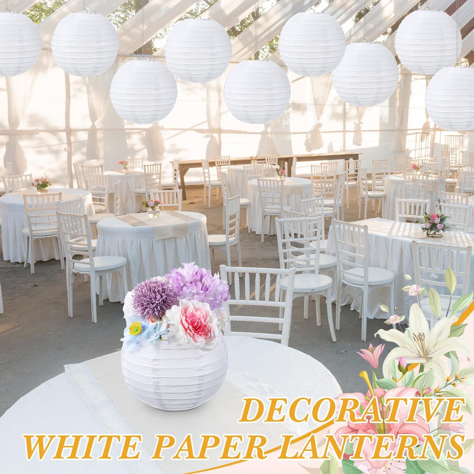 Set of 48 white Chinese paper lanterns by Treela, decorative hanging paper balls for Asian-style party and event decor