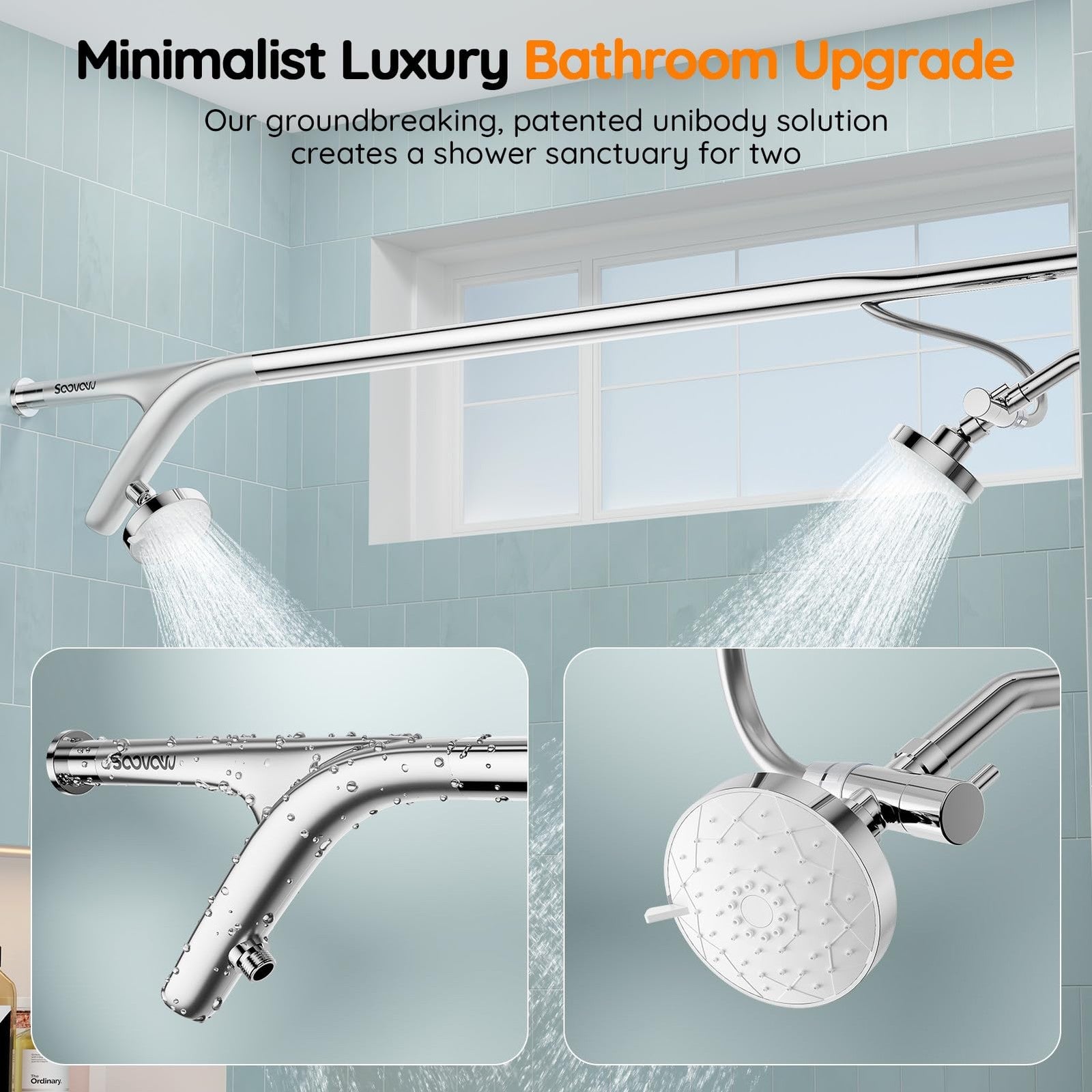 Dual shower head system for couples with two adjustable shower heads and hoses, ideal for shared bathroom use.
