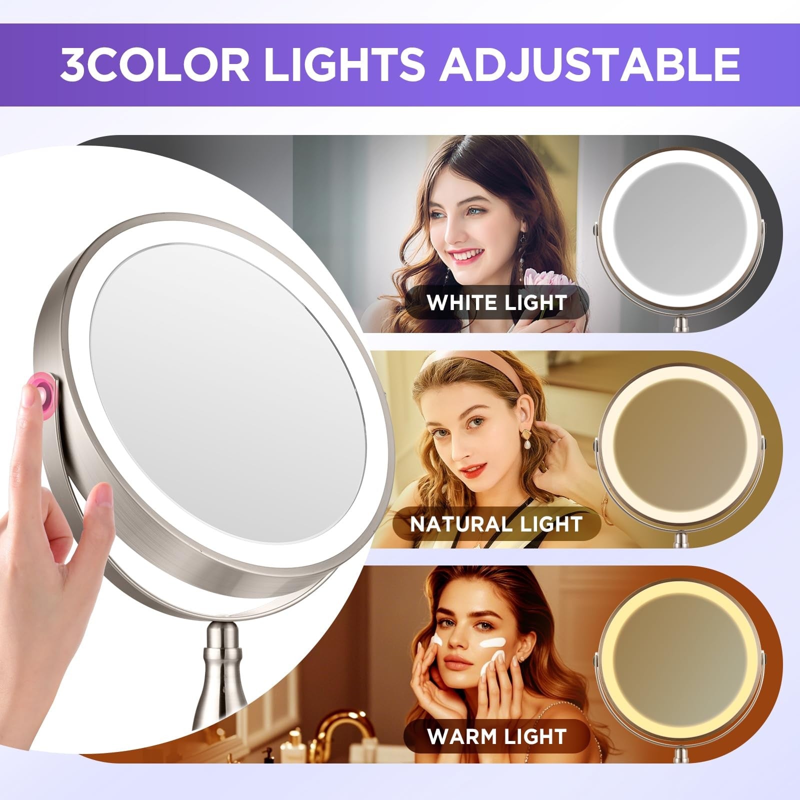 DASLAVA 20x magnifying mirror with built-in light, featuring three color modes and adjustable brightness for detailed grooming.