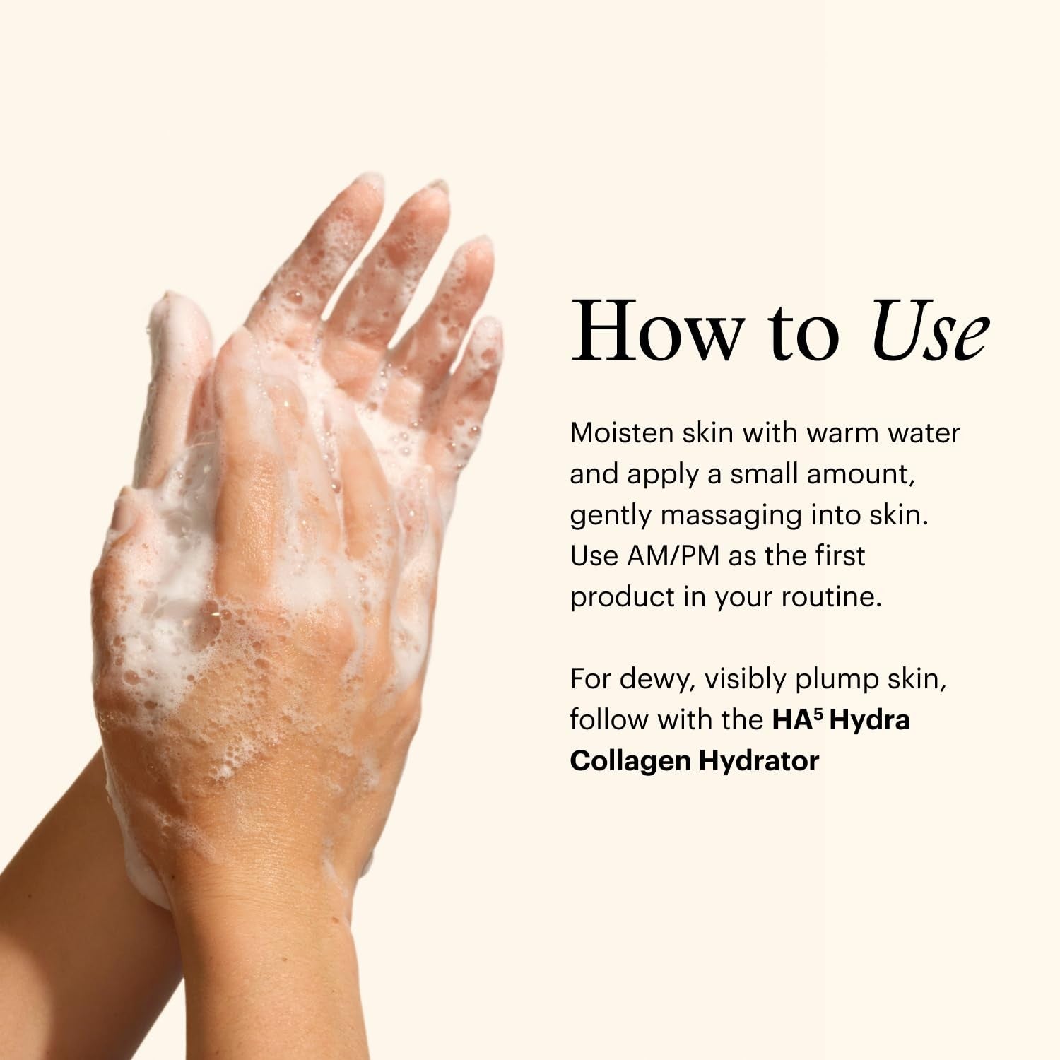 SkinMedica HA5 Hydra Collagen Hydrating Foaming Cleanser with vegan collagen, creamy foam and clear bottle with pump.