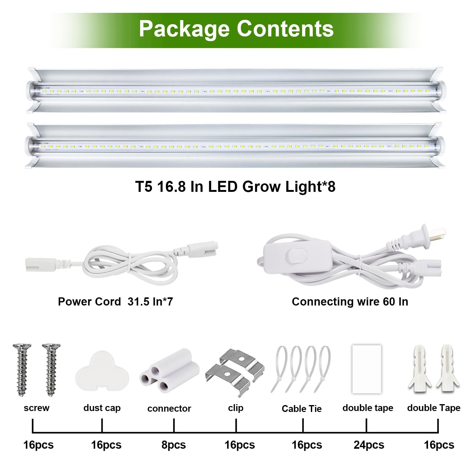 TVTUTPWY Grow Light T5 1.4Ft full spectrum LED lamp with 8pcs of 10W bulbs in 5000K white for plant growth.