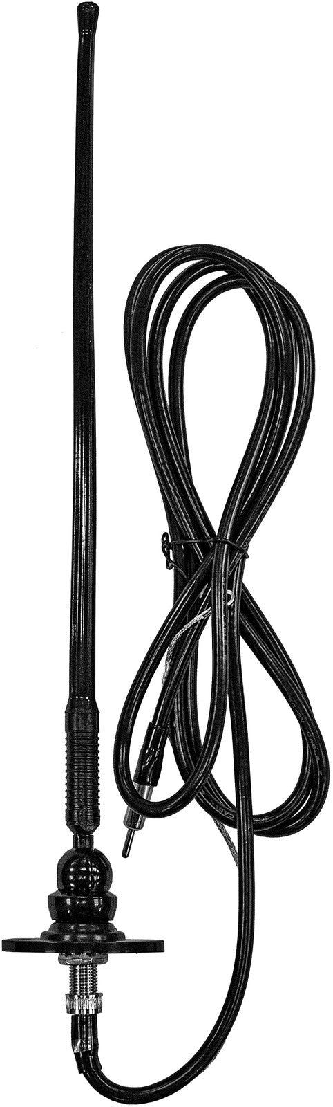 ASA Jensen rubber mast AM/FM RV antenna with top and side mount, shown on a vehicle roof. Durable rubber design for RV radio reception.