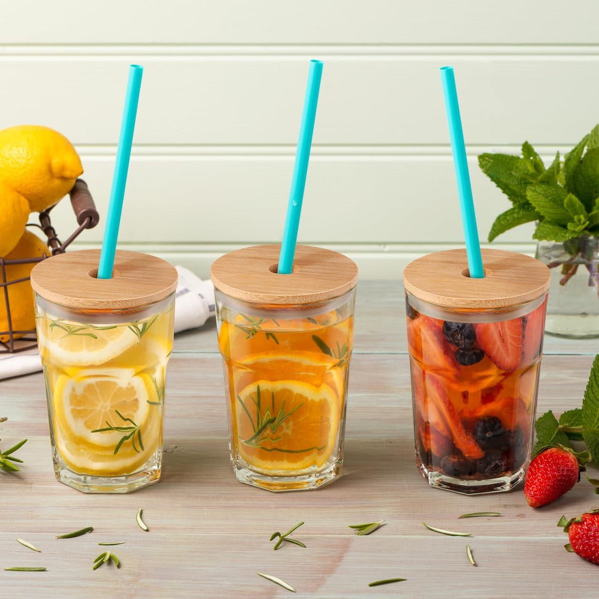 Doitool 8-piece set of reusable bamboo jar lids with straw holes, designed for beer cans and glasses, featuring natural bamboo material.