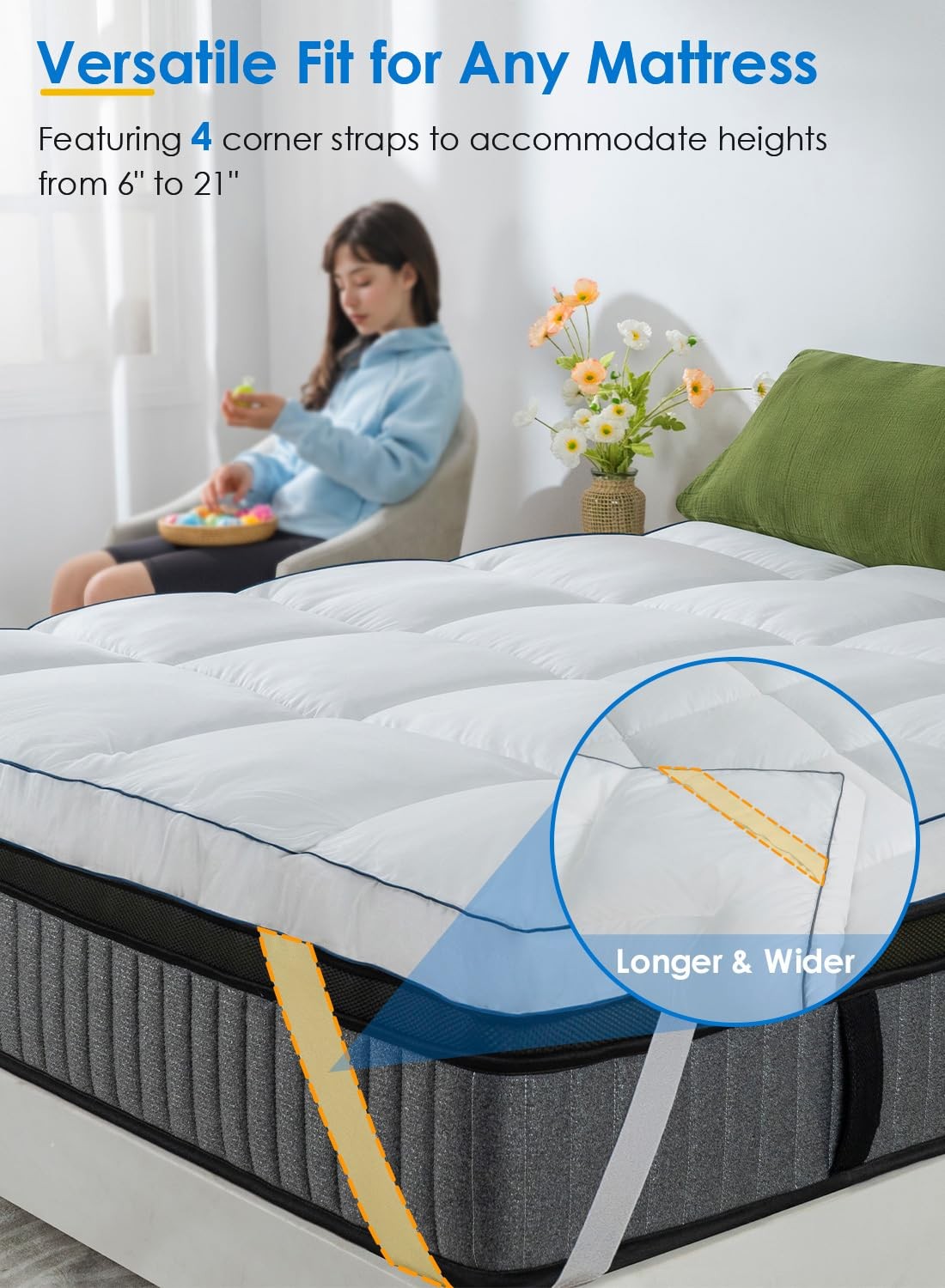 QUEEN ROSE King Pillow Top Mattress Topper, extra thick soft bed pad with plush cushioning for added comfort and support.