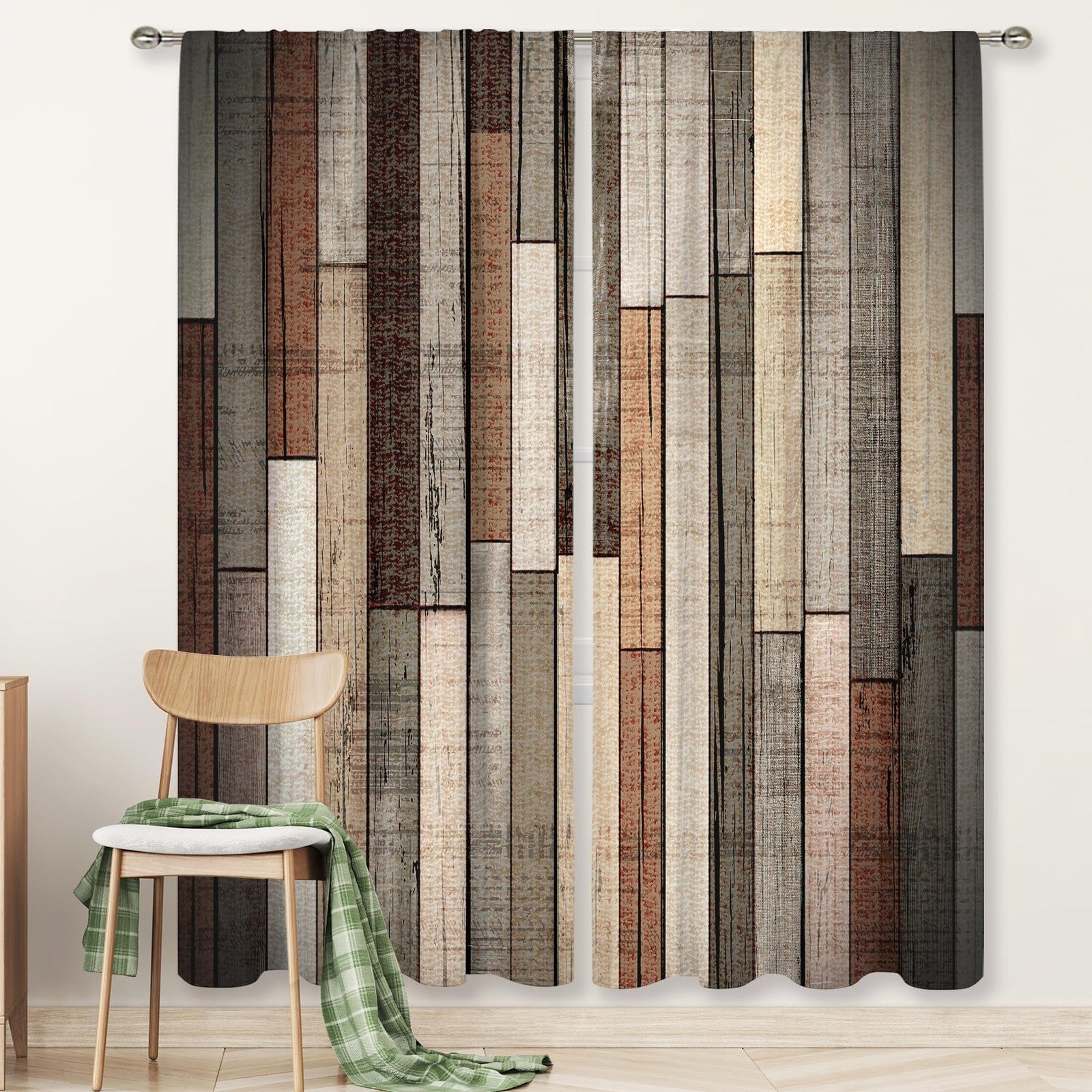 Meshelly Retro barn door curtains with rod pocket, vintage farmhouse style in 52x84 inch size, featuring rustic fabric and classic design.