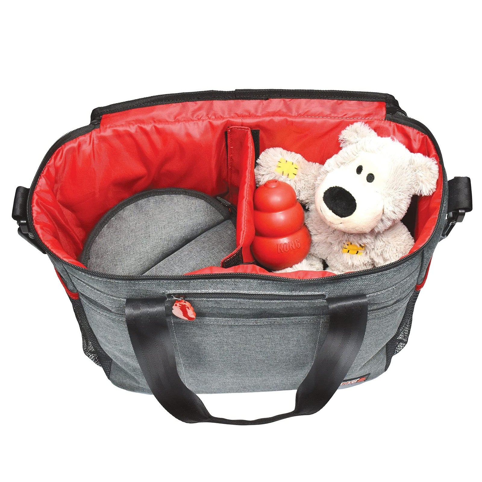 KONG 5-piece pet travel bag set with washable tote, food storage containers, and collapsible bowls for pet travel and feeding.