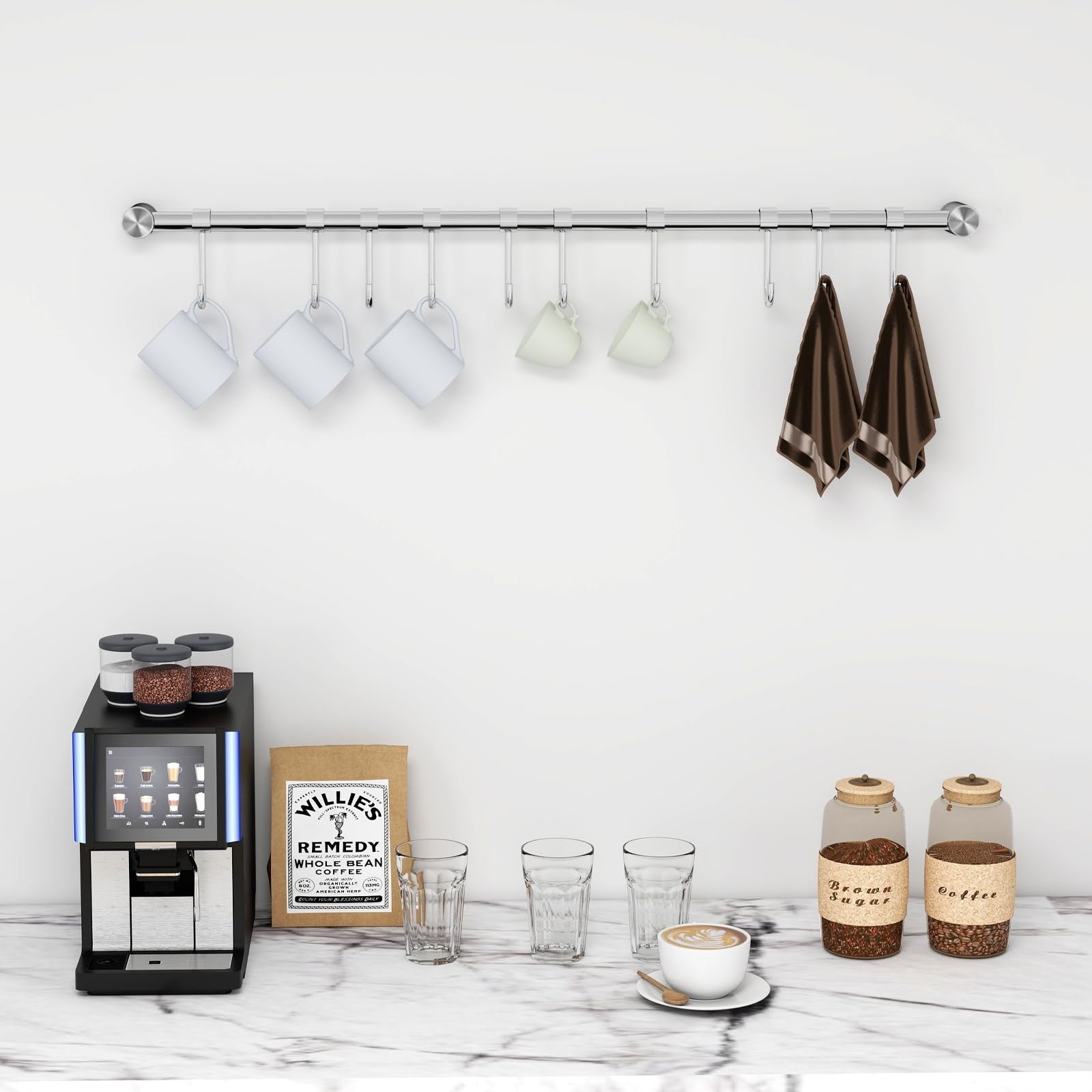 Audmore kitchen utensil rack 2-pack, 20.9-inch wall-mounted stainless steel lid holder with hooks for kitchen organization