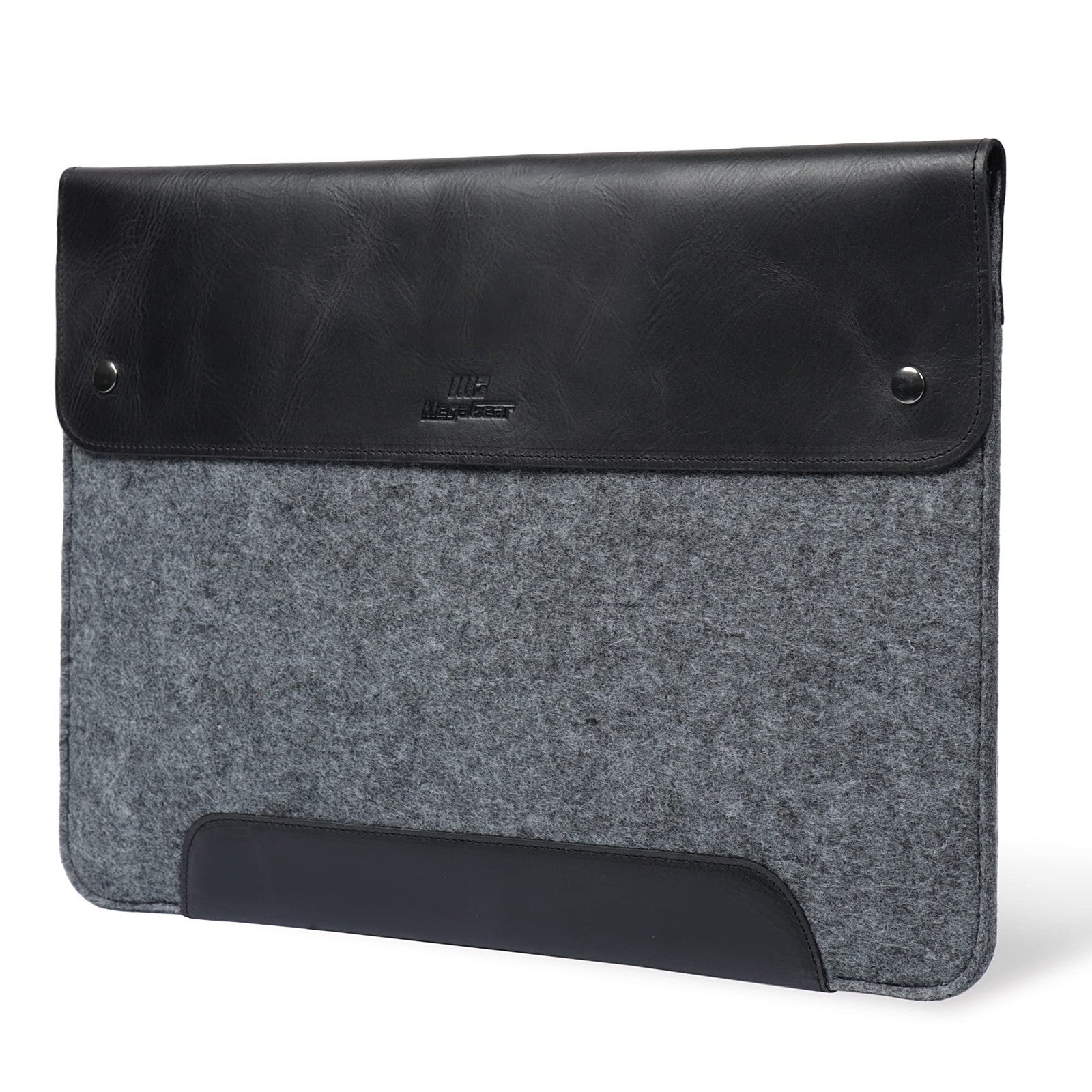 MegaGear genuine leather and fleece MacBook bag with padded interior for MacBook Pro, showcasing a sleek, durable laptop sleeve design.