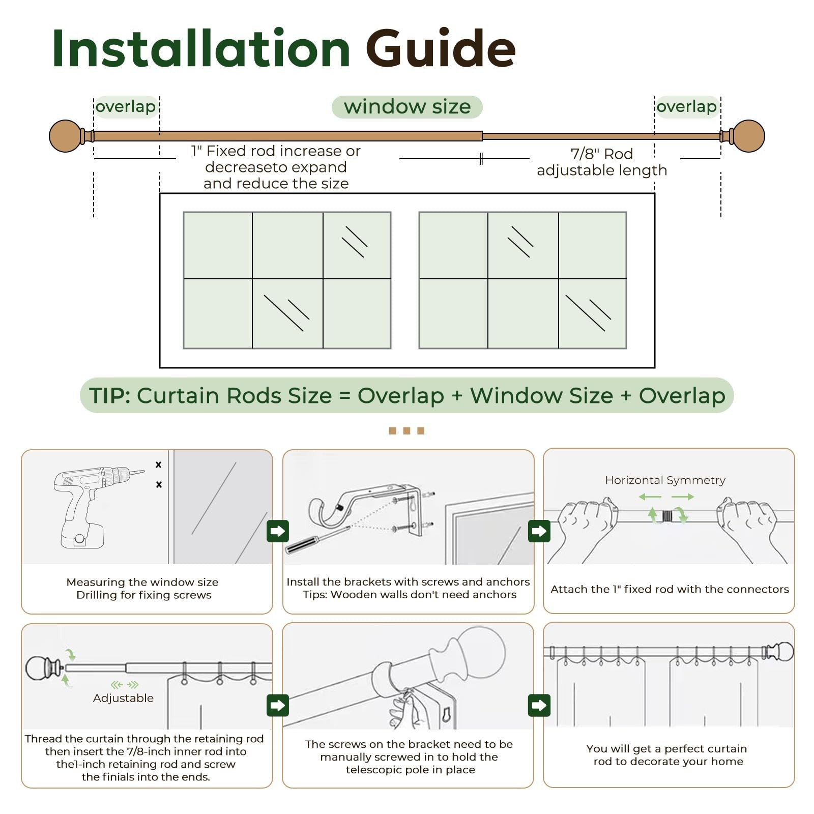Zeerobee 1-inch heavy-duty wood curtain rod with adjustable 32-48 inch length for window drapery, mounted on a wall.