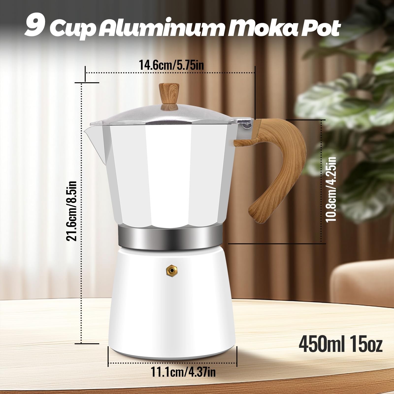 Vaolvpant 9-cup aluminum Moka pot stovetop espresso coffee maker with a 450ml capacity, featuring a classic design.