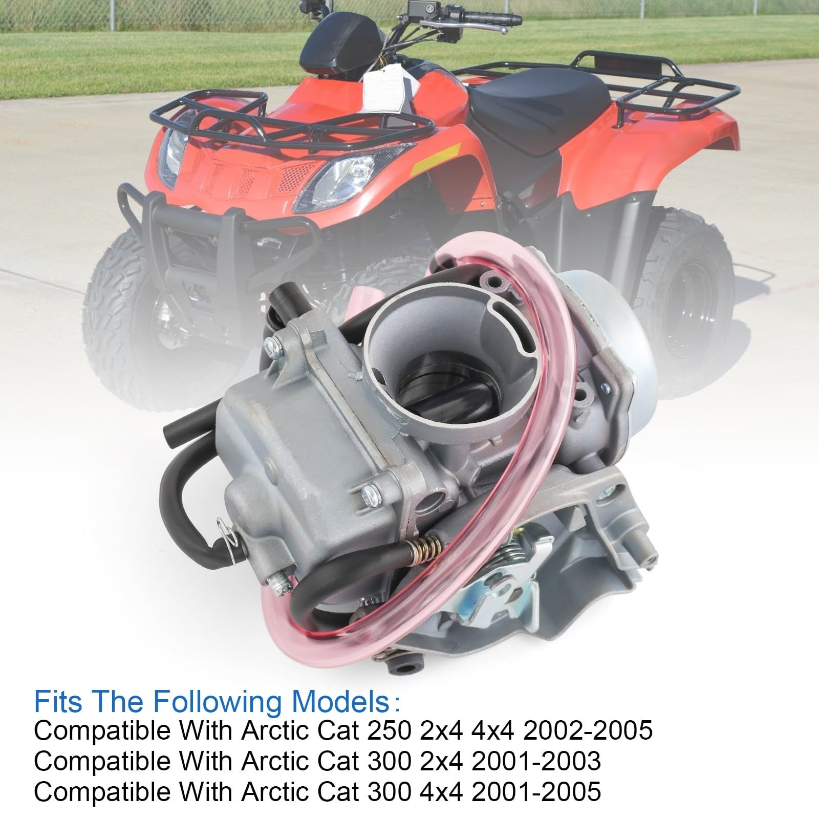 RADHLBNIU carburetor for Arctic Cat 250 and 300 ATV, showing detailed view of the black plastic and metal components.