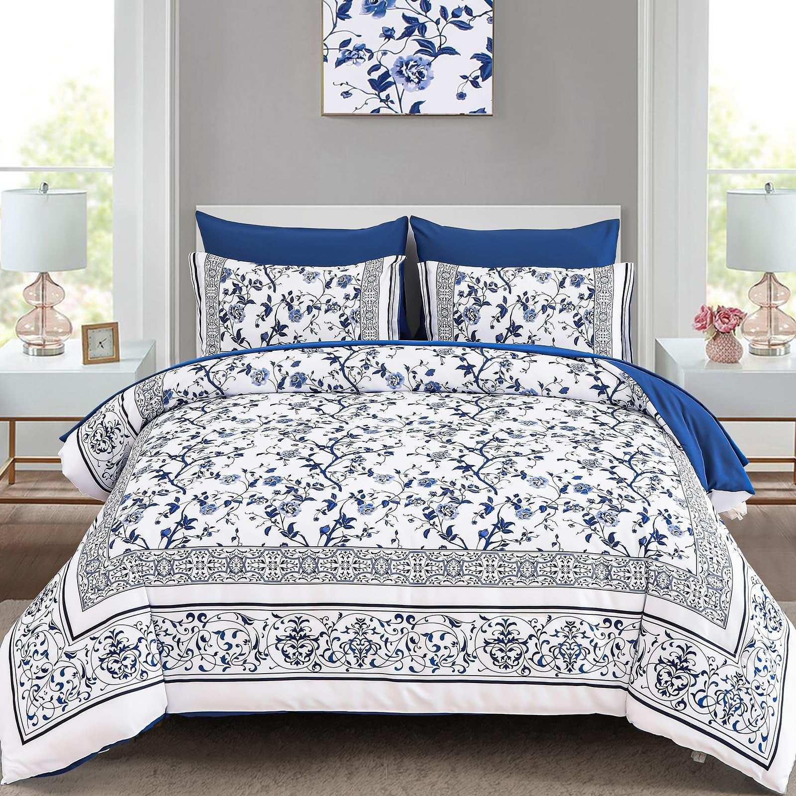 Dobuyly Full Floral Comforter Set with blue floral design and polyester fabric in a full size bed-in-a-bag set