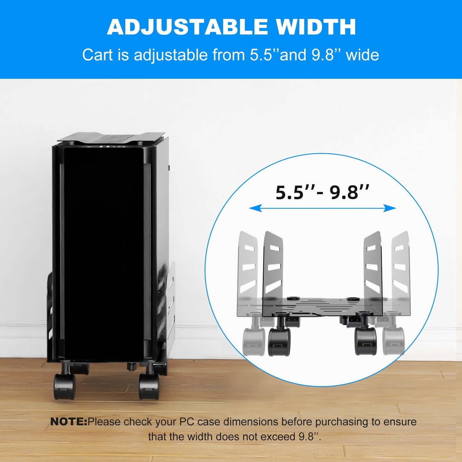 Suptek mobile CPU tower stand with adjustable height, rolling cart, locking wheels, and metal frame for computer or server support.