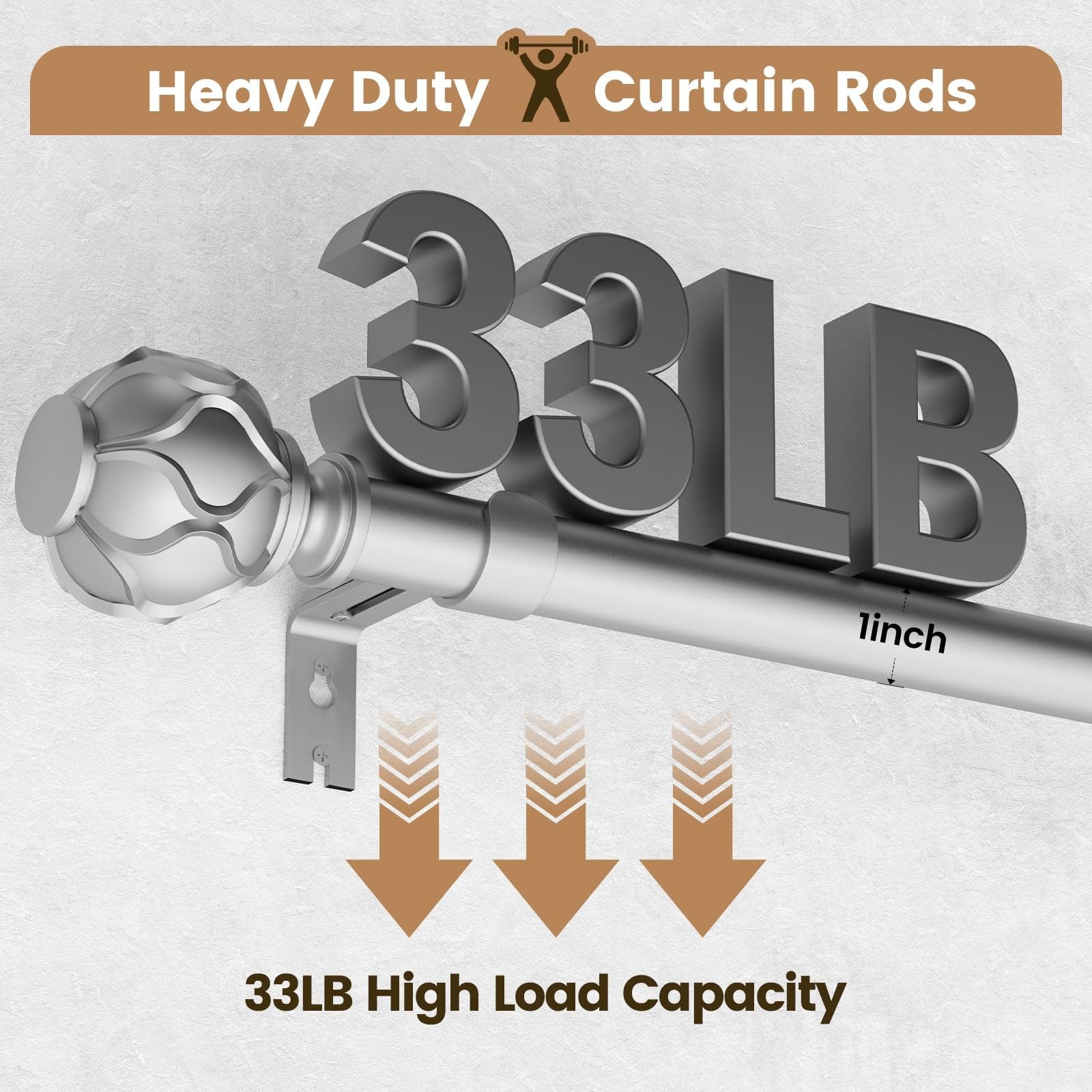 WIN4ALL 2-pack silver heavy-duty curtain rods, 28-48 inch, 1-inch diameter, mounted on a window for hanging curtains.