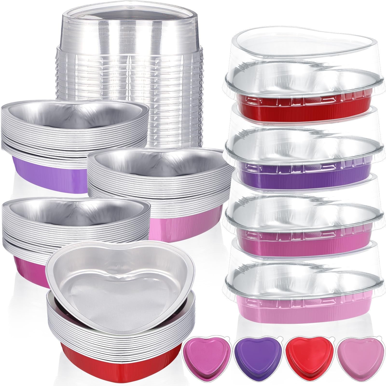 Fainne 20-pack of 5-inch aluminum foil heart-shaped cake pans for Valentine's Day baking, with cleaning tools included.