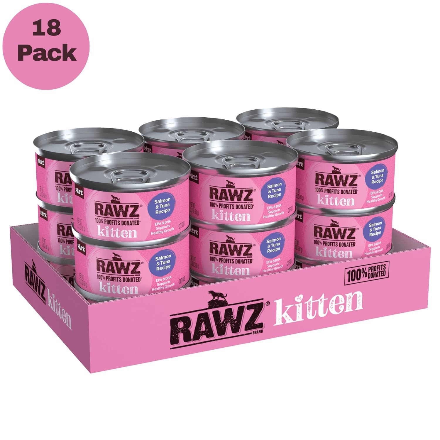Canned RAWZ Natural Pate Kitten Wet Food with real meat, showing the smooth, minimally processed kitten food in a metal can.