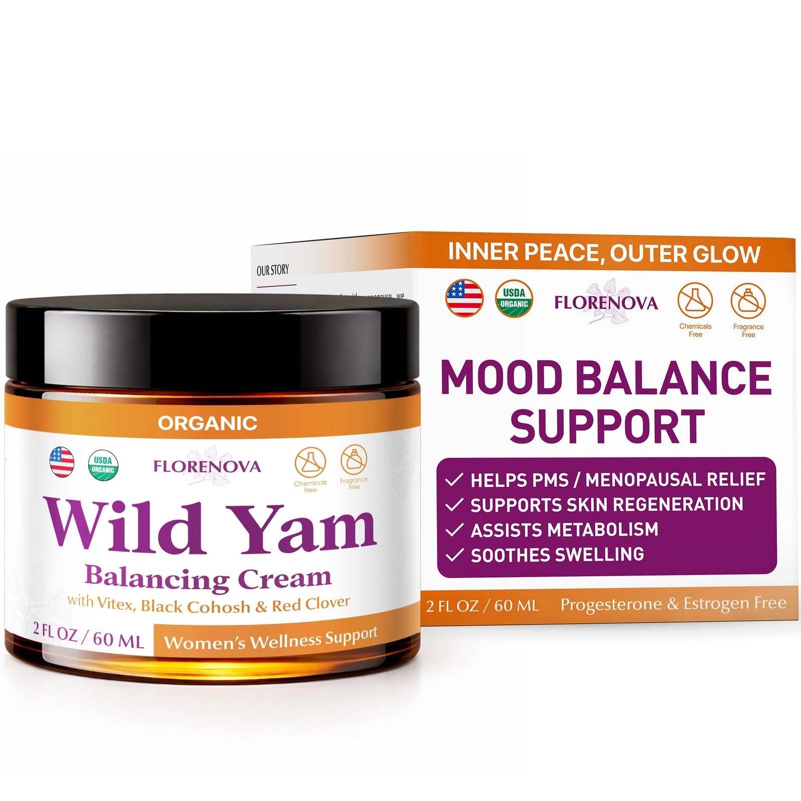 Organic Wild Yam Cream for Women by Florenova, 2oz balancing balm with Vitex Red, featuring a jar of herbal skincare balm.