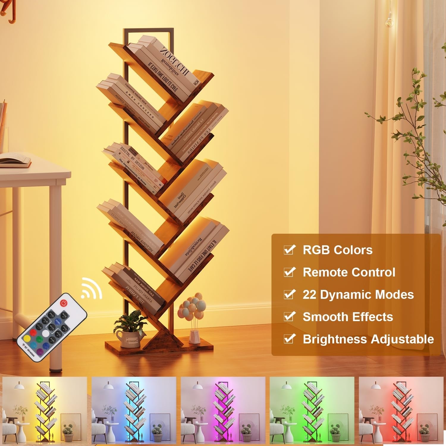 Qupui tree-shaped book shelf with LED lights, 9-tier floor-standing classical wooden bookcase for home decor and storage.