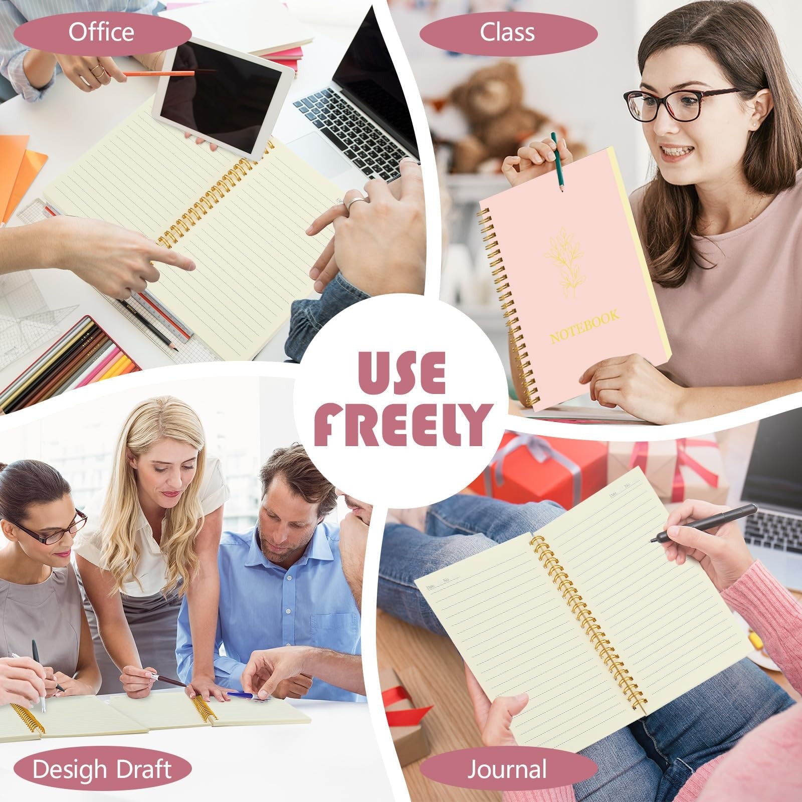 Gueevin 5-pack A5 spiral notebooks with wide ruled pages, stylish aesthetic school supplies, 160 pages each.