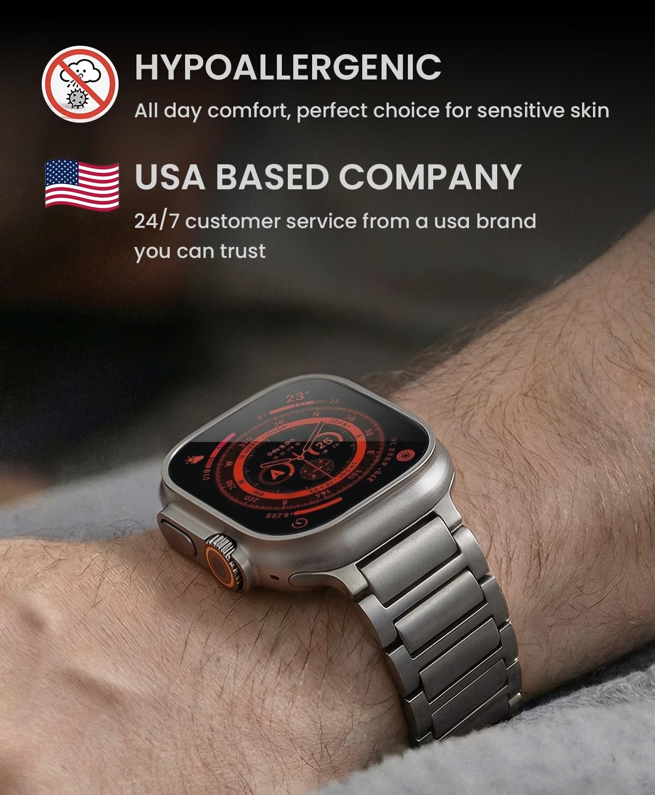 Titanium band for Apple Watch Ultra 3/2/1 49mm, unbranded, stylish and durable watch strap for men, displayed on a white background.