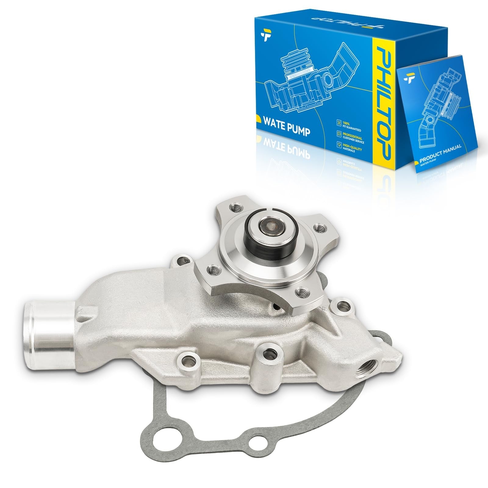 PHILTOP AW7164 automotive water pump kit with gasket for Jeep Grand Cherokee, showing pump and gasket components.