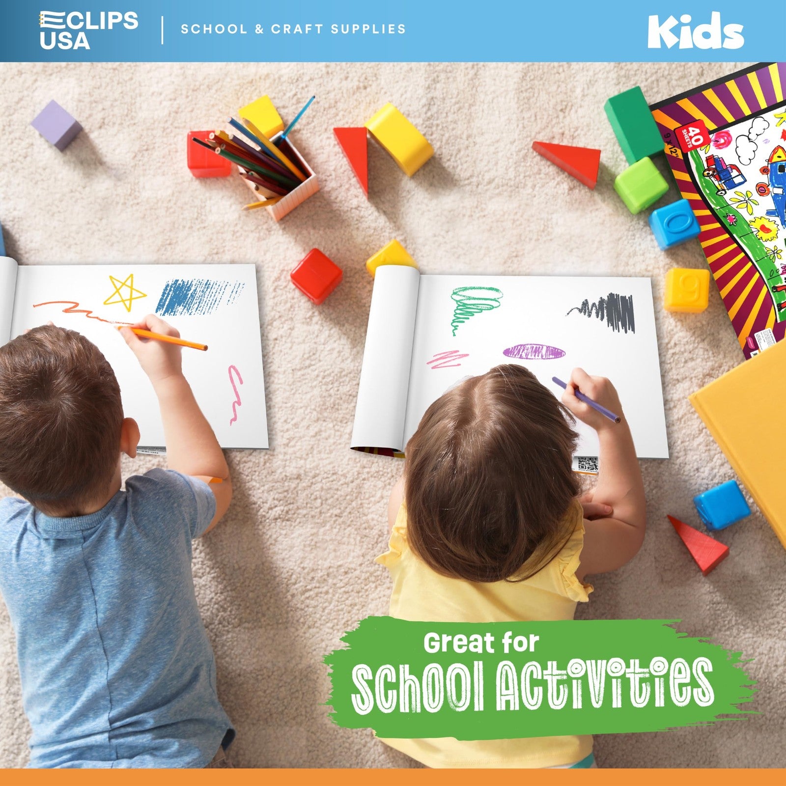 E-CLIPS USA kids sketch book with drawing paper, featuring a colorful cover and blank pages for young artists to create.