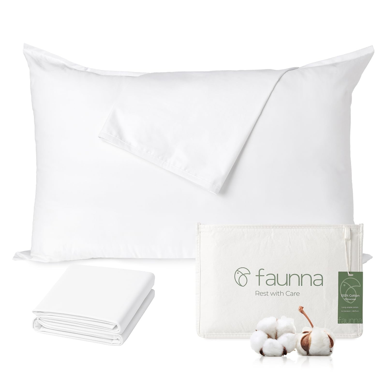 FAUNNA 100% cotton pillow protectors with bed bug proof, hypoallergenic, and antimicrobial features, shown on a bed.