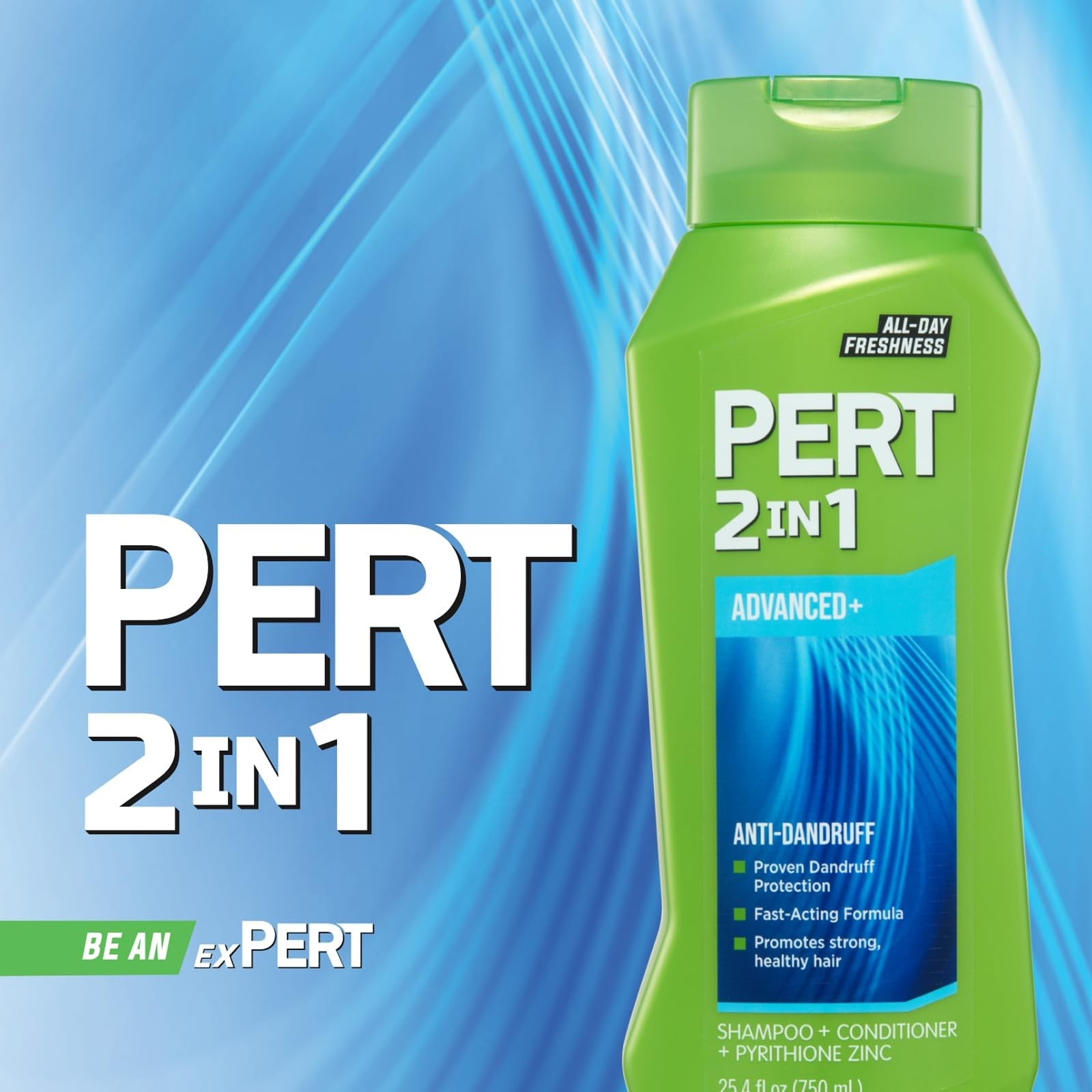 Pert Plus 2-in-1 shampoo and conditioner for dandruff control, 25.4oz bottles, pack of four, with a clear shampoo and conditioner bottle.