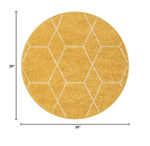 Unique Loom Trellis Frieze Collection area rug with geometric round yellow pattern, showcasing vibrant design and textured surface.