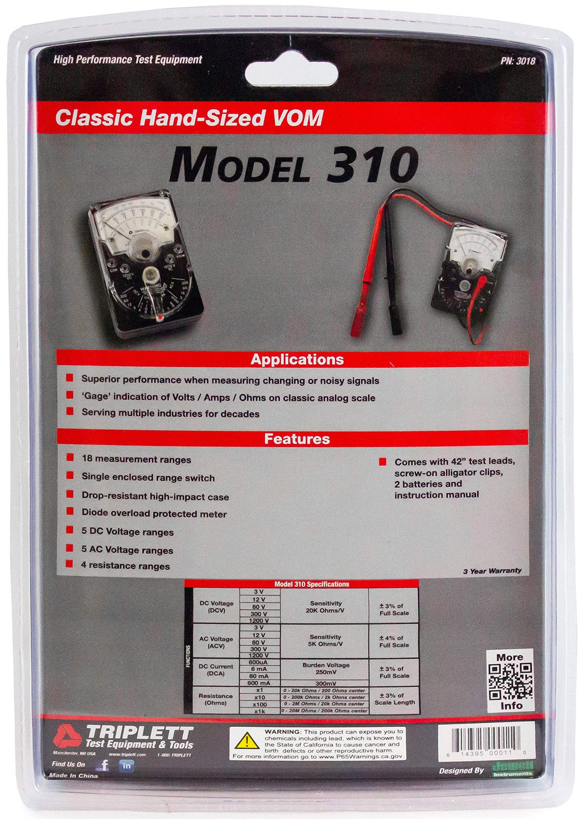 Triplett 3018 Model 310 hand-sized analog multimeter measuring AC/DC voltage and DC current with dial and display.