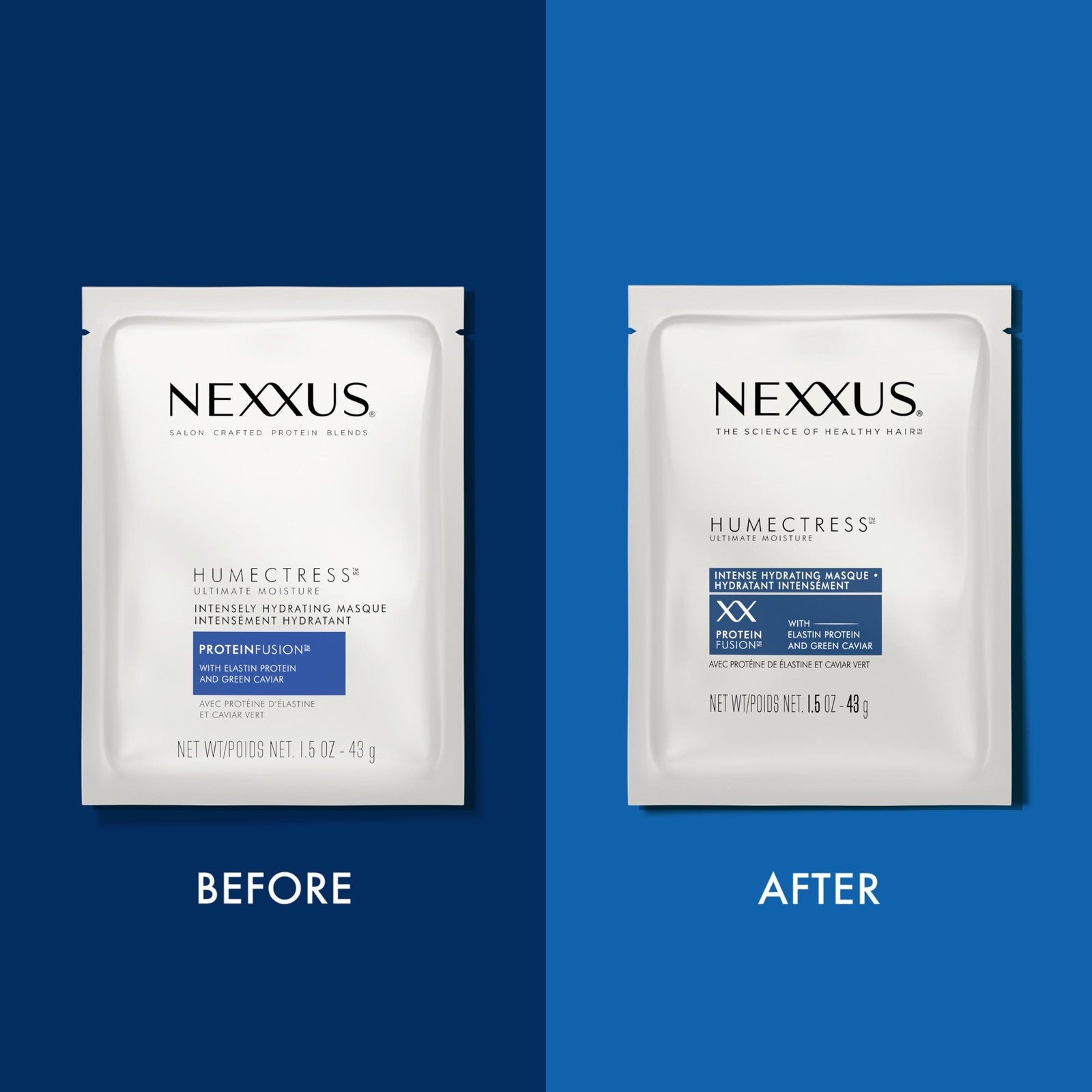 Nexxus Humectress Moisturizing Hair Masque in 10 individual 1.5oz containers for deep conditioning and hydration.