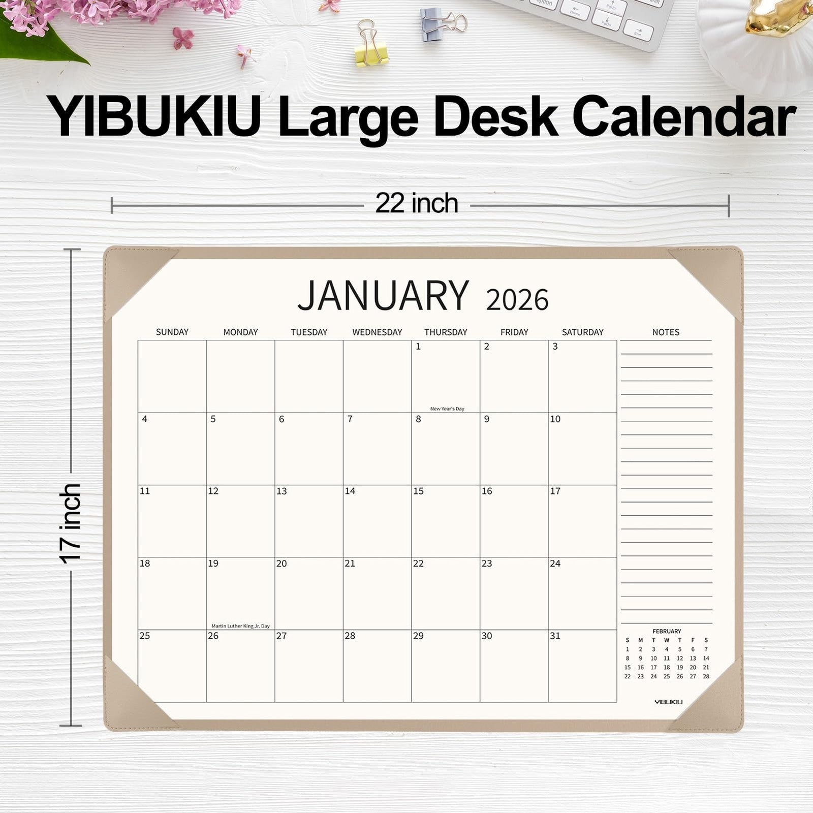 YIBUKIU Desk Calendar 2026-2027, large 22x17 inch, showing January 2026 to June 2027 with monthly pages and calendar layout