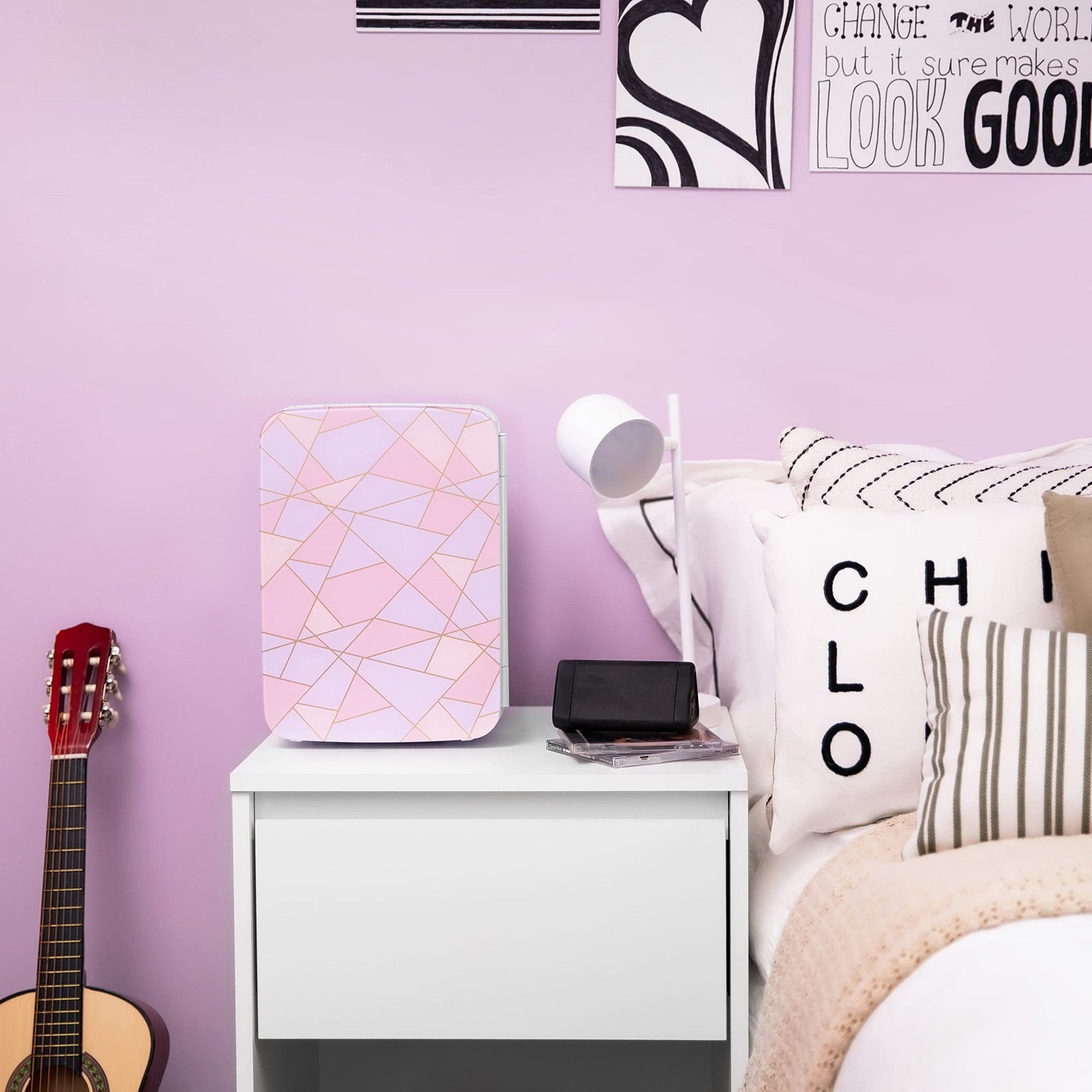 Cooluli 10L mini fridge for bedroom, car, or desk, portable 12V compact refrigerator with sleek design and cooling vents.