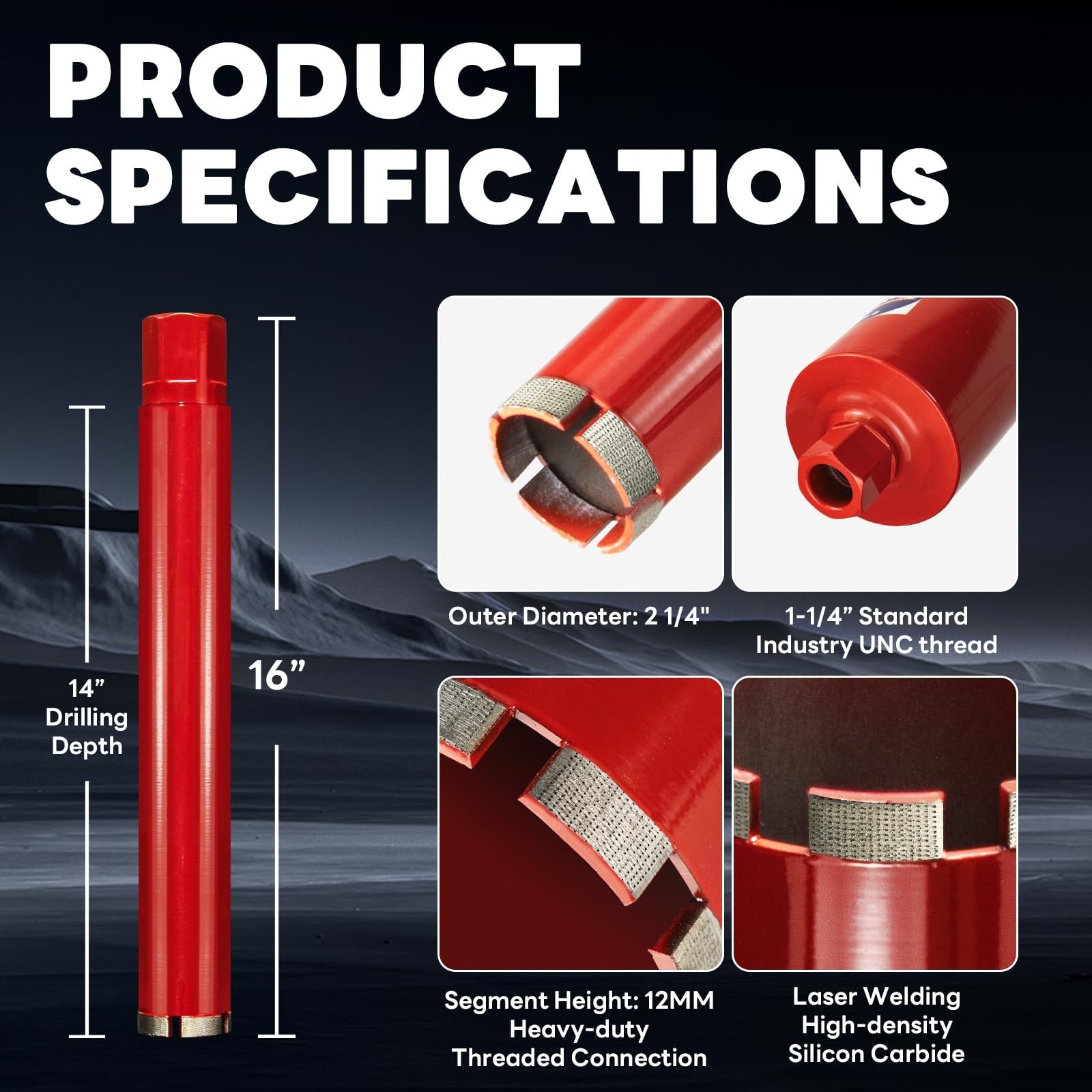 Daduori Premium 2-1/4 inch wet core drill bit for hard concrete with high-density diamond cutting edge, shown in close-up view.