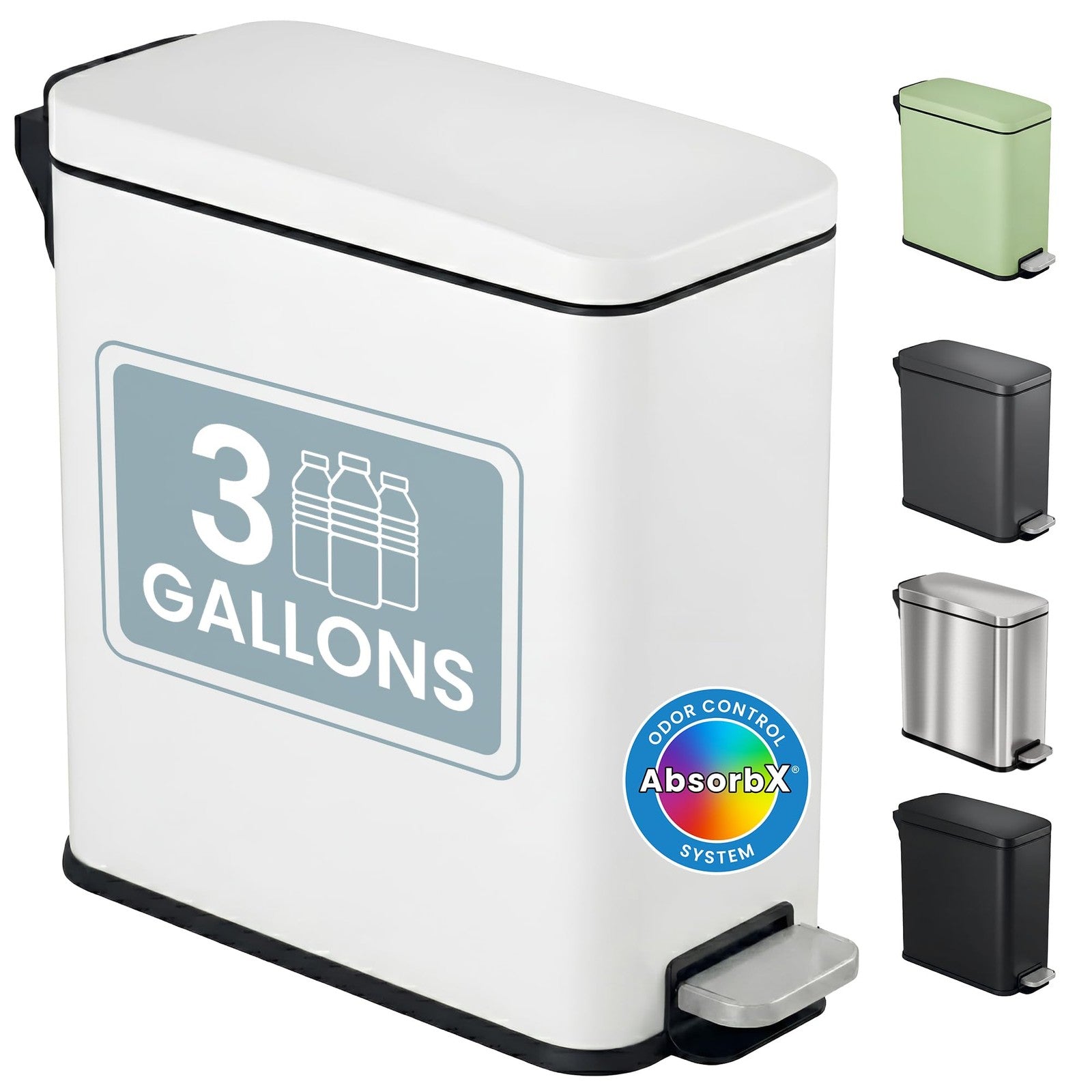 iTouchless 3-gallon slim bathroom trash can with lid and odor filter, featuring soft-step pedal for hands-free opening.