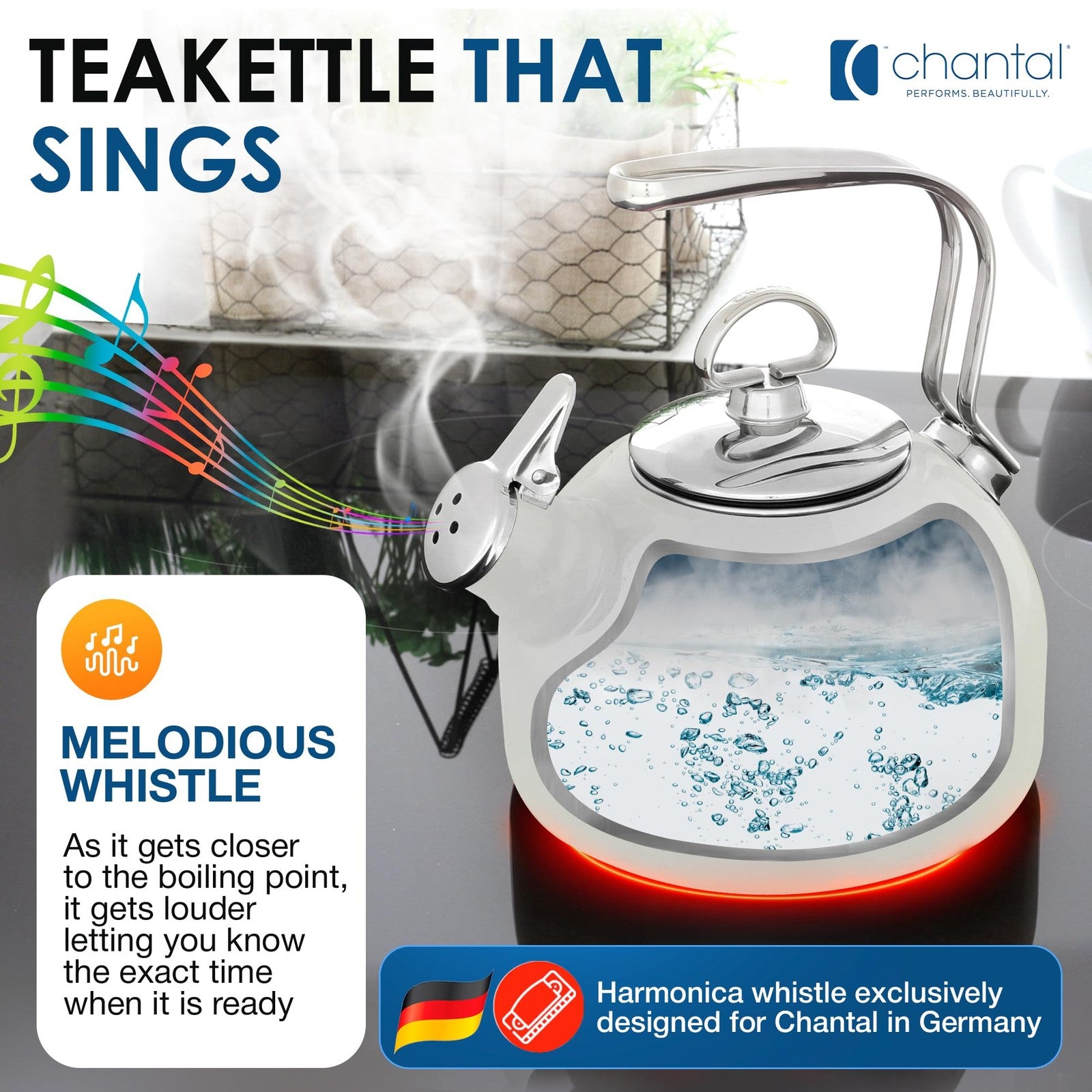 Chantal Classic Teakettle in 1.8 QT, enamel on steel with a 2-tone harmonica whistle, showing the kettle's sleek design and spout.