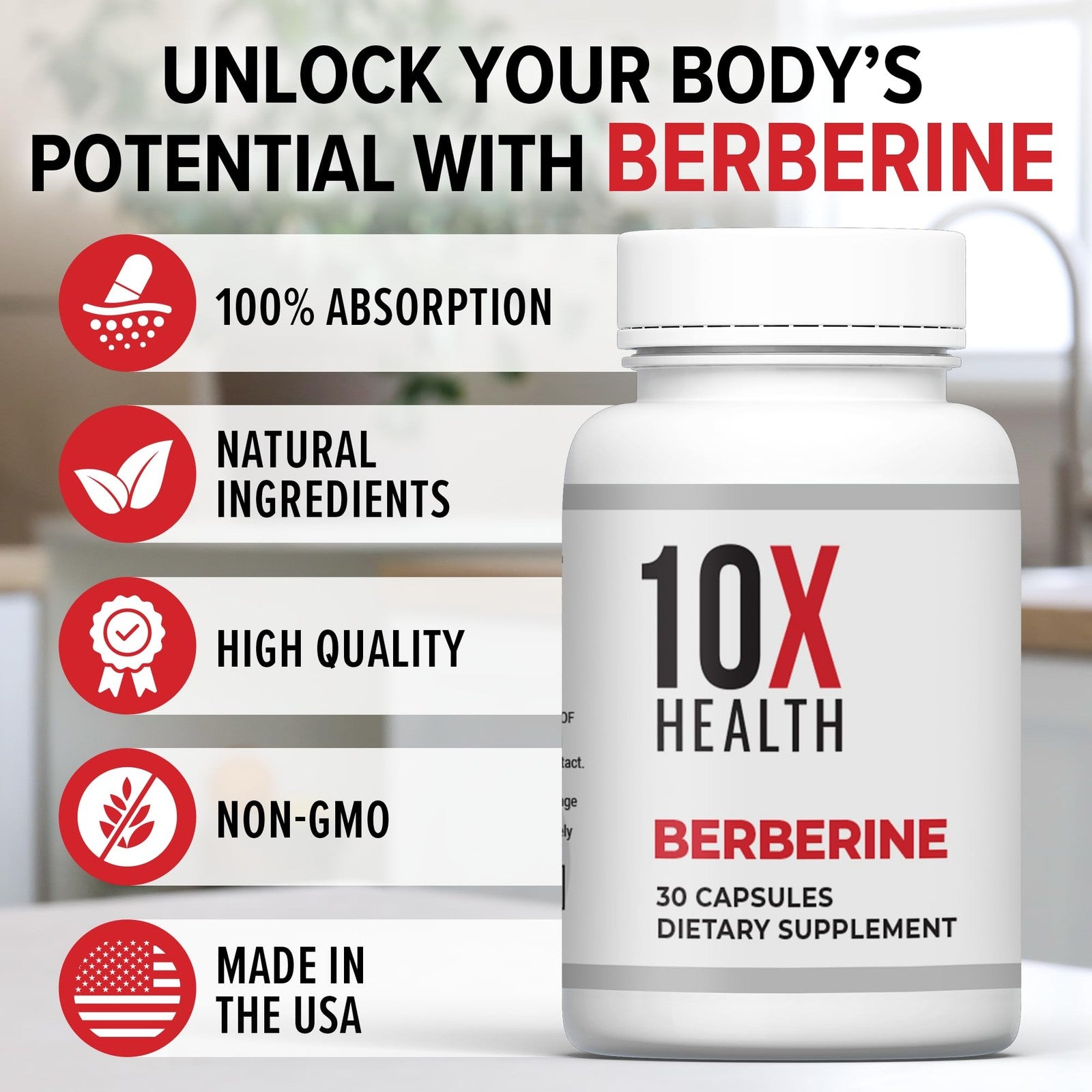 10X Health Berberine supplement bottle with 500mg Dihydroberberine, natural herbal health supplement shown in the image.