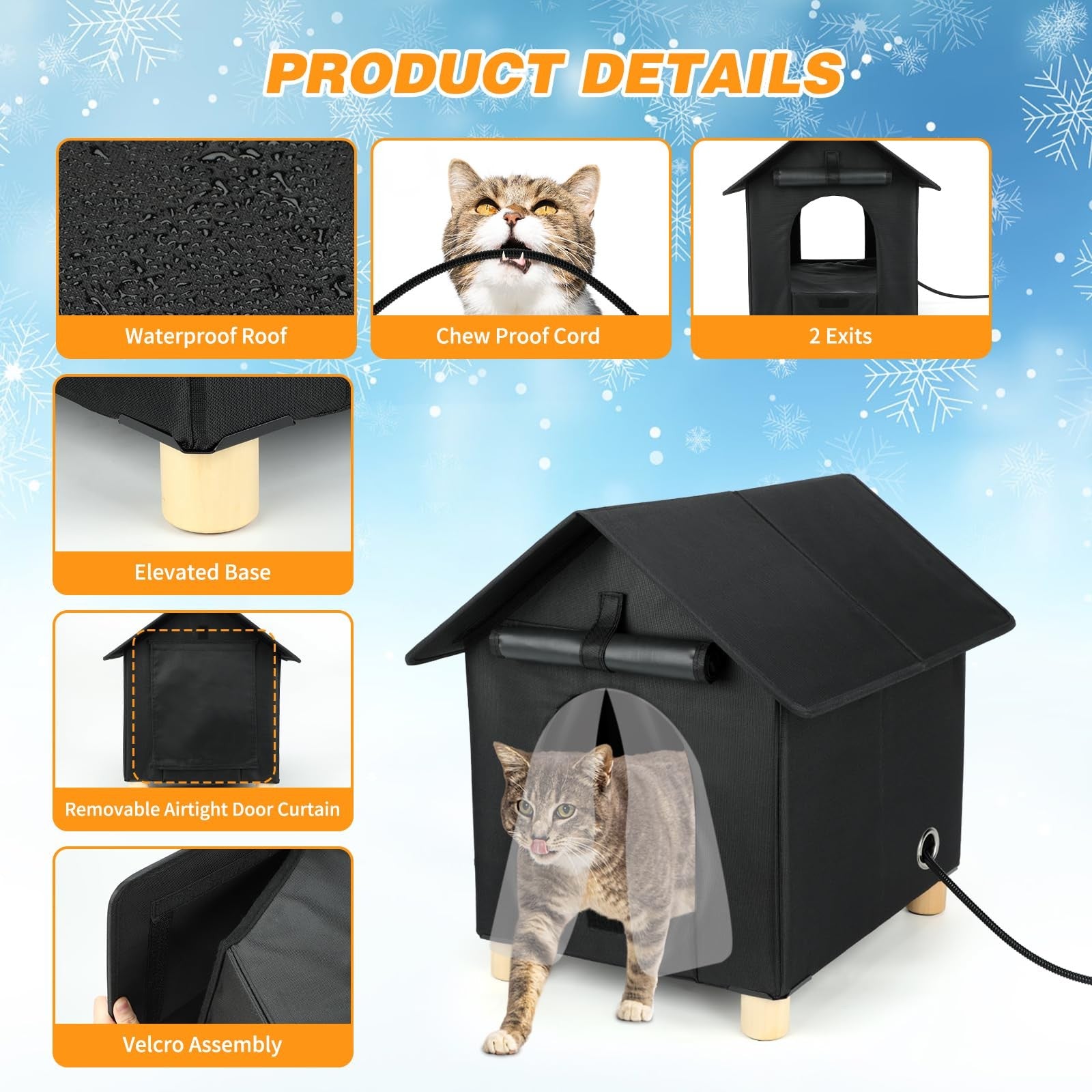 Rypet heated outdoor cat house with waterproof, insulated, elevated design for winter outdoor shelter, featuring a cozy entrance.