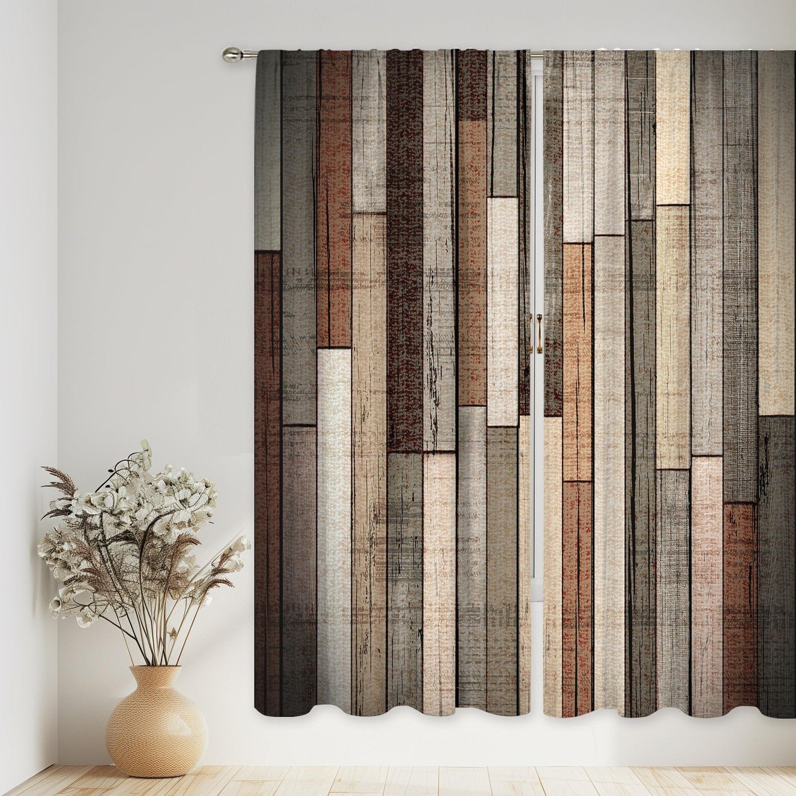 Vintage farmhouse barn door curtains by MESHELLY, 52x84 inch rod pocket design with rustic retro style in natural fabric