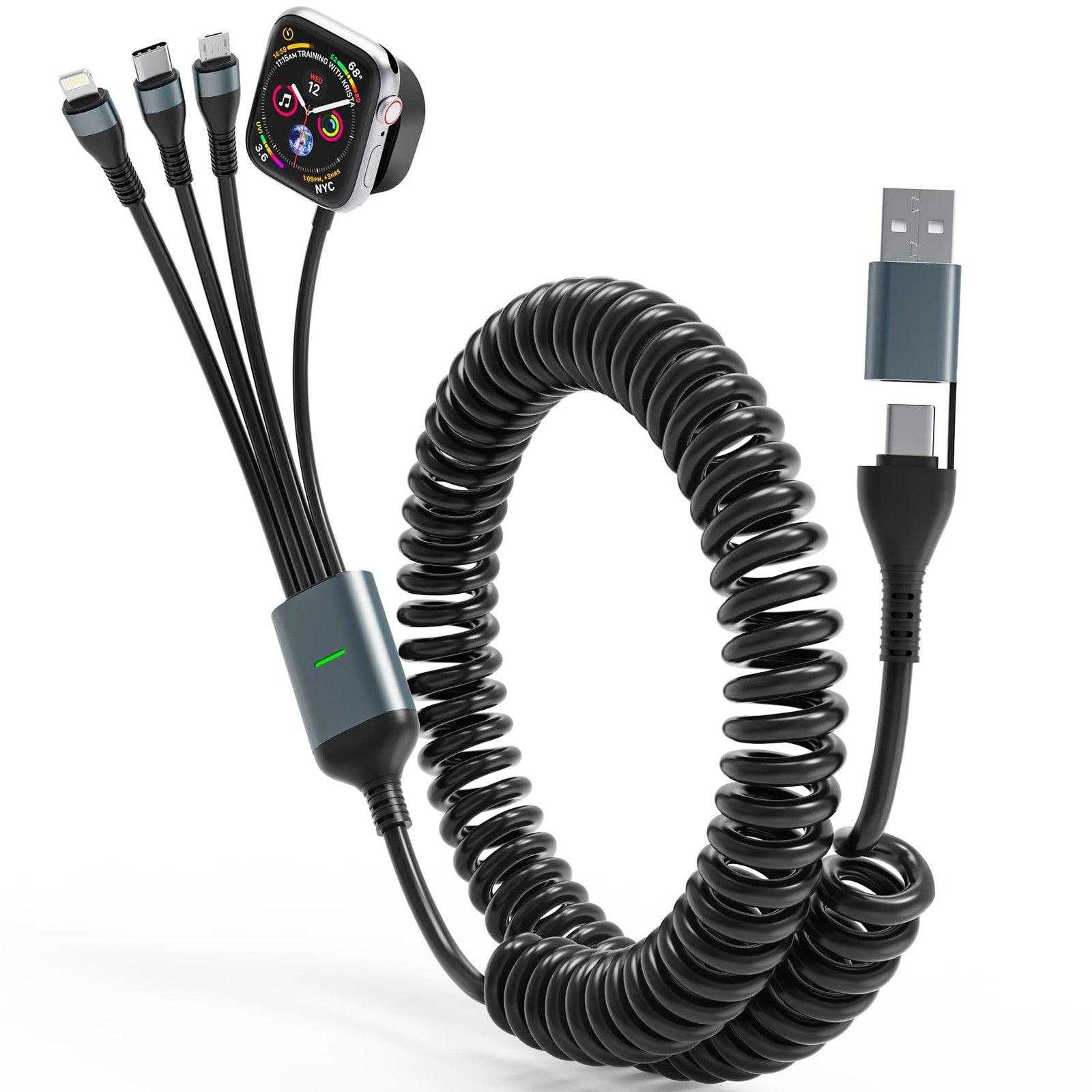 Bawanfa Plus Apple Watch 4-in-1 retractable charging cable with USB-C and Lightning connectors, 6ft fast charger for Apple devices.