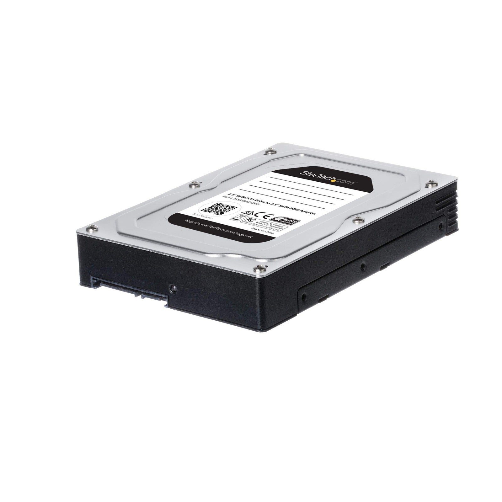 StarTech.com 2.5 to 3.5 hard drive adapter for SATA and SAS SSDs and HDDs, shown with connected drives and mounting hardware.