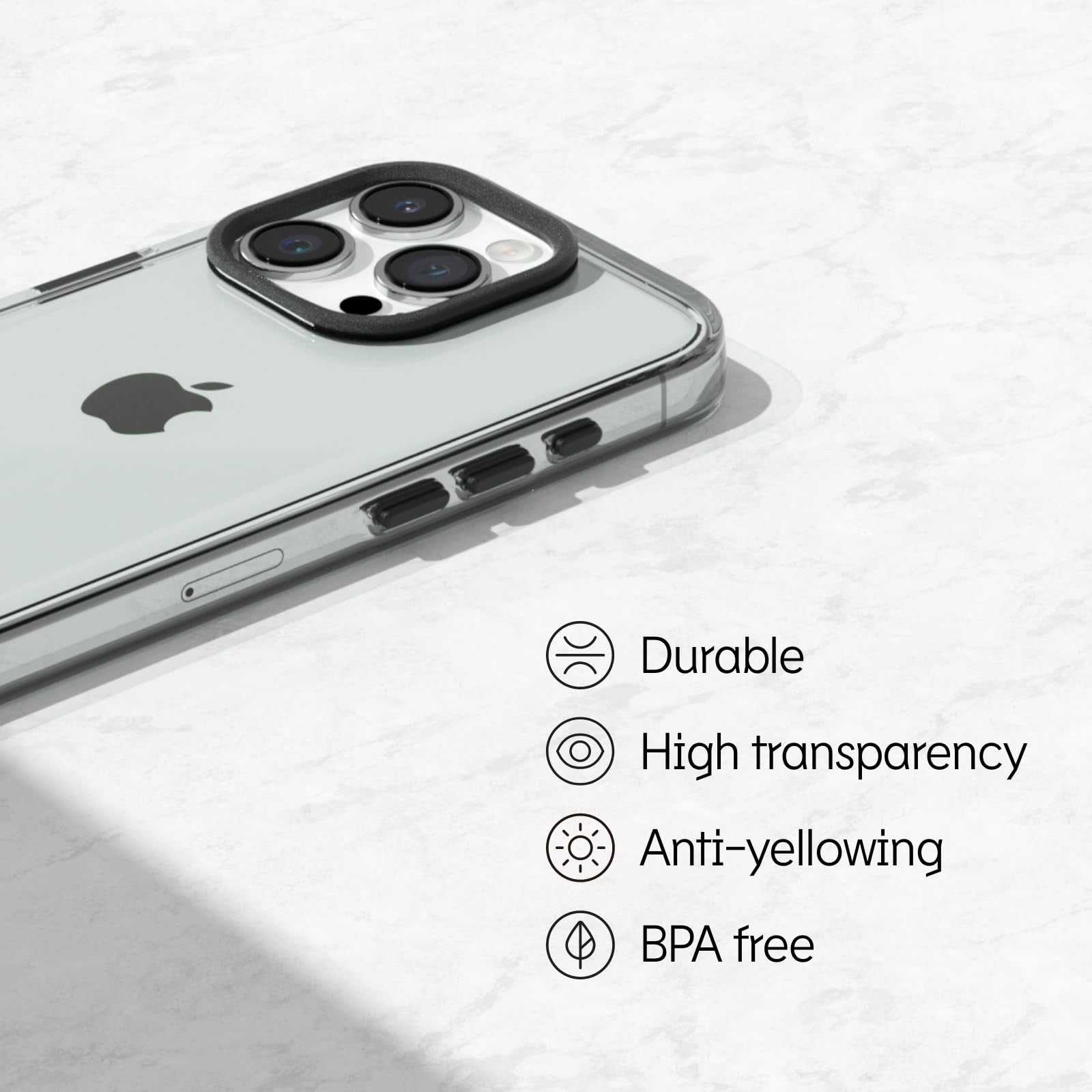 RhinoShield Crystal Clear Case for iPhone 15 Pro Max with black camera ring and 10ft drop protection