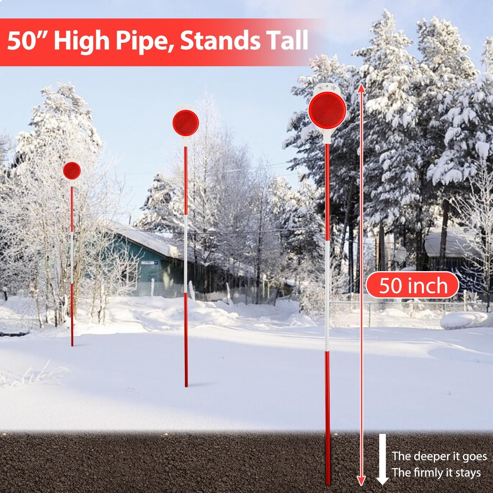 DEROFIT driveway markers 8-pack with reflective snow stakes, 50-inch height, high-visibility, and installation bit for snow and driveway safety