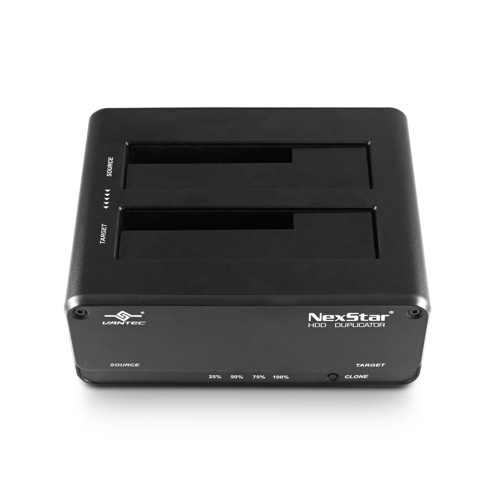 Vantec NexStar JX dual bay USB 3.2 Gen1 dock for SATA III drives with cloning function, showing the dock with drives inserted.