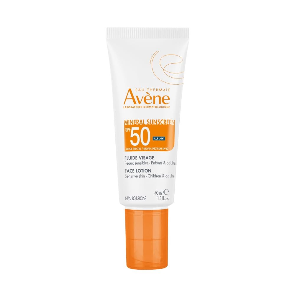 Avène Mineral Sunscreen SPF 50 face lotion, fast-absorbing 100% mineral sunscreen, shown in a white tube with blue accents.