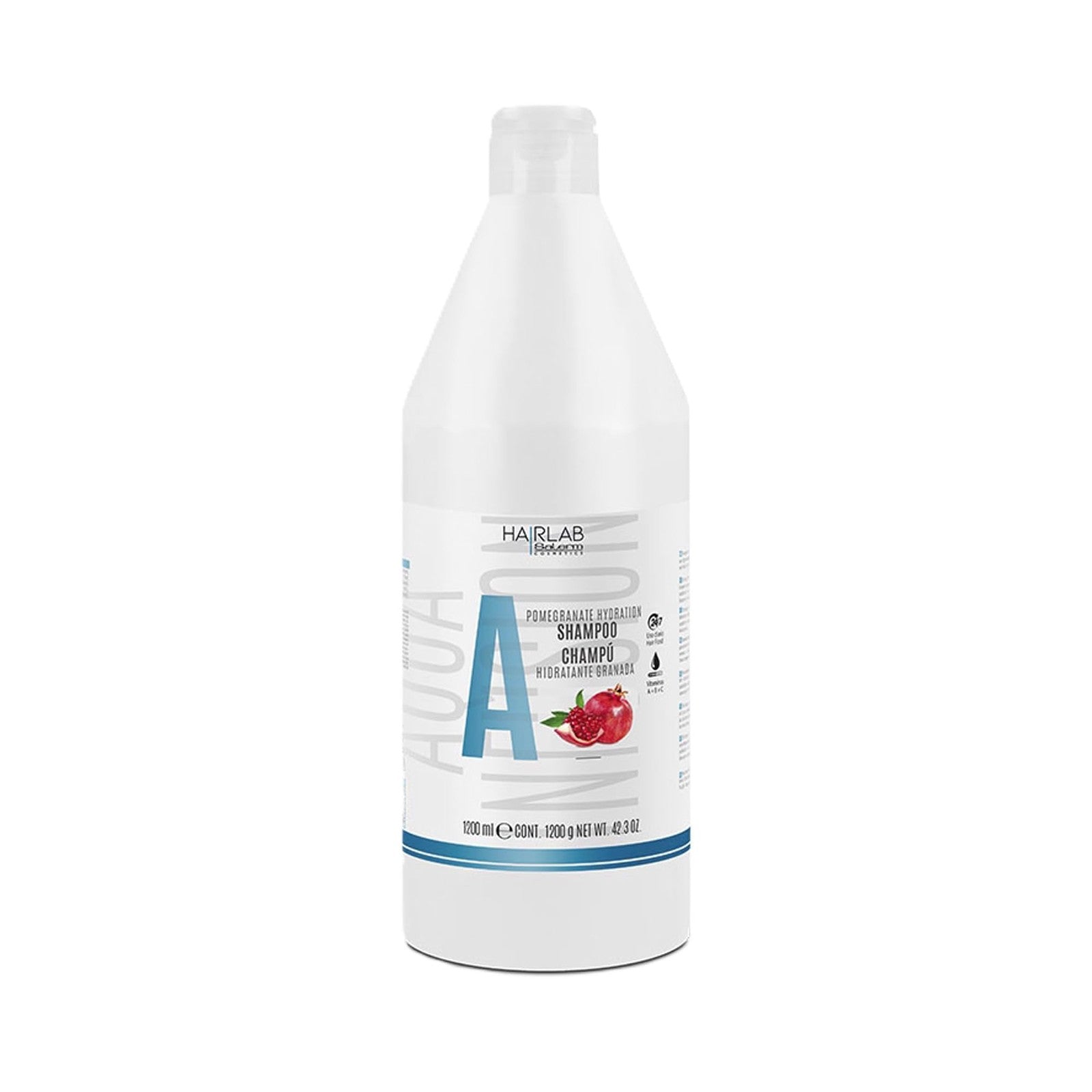Salerm Hydrating Shampoo Hair Lab Pomegranate in a 1200ml bottle, gentle frizz control, vegan formula, suitable for all hair types.
